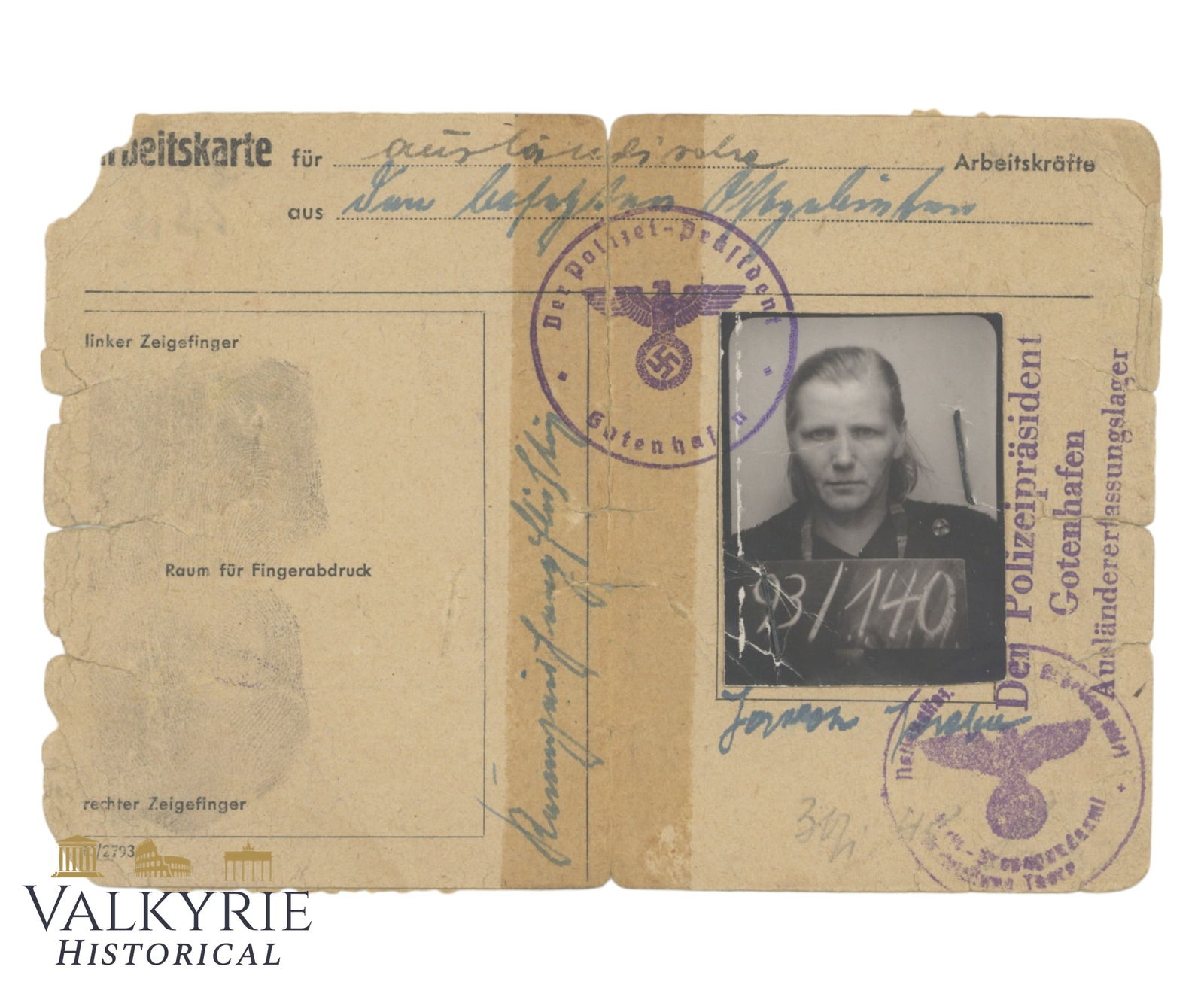 Working Card Issued in 1944 to a Polish Female Forced Labourer From Gotenhafen Gdynia ): Working Card Issued in 1944 to a Polish Female Forced Labourer From Gotenhafen ( Gdynia ). Card explains she was working for the Reichsbahn and living in a camp for forced labourers of that company. I
