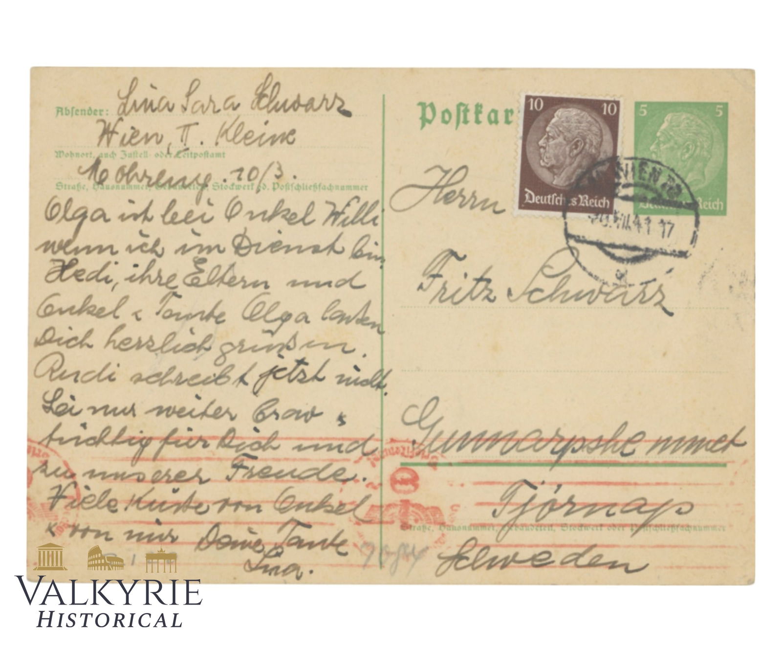 Postcard Sent by Jewish Woman From Vienna Later Deported to Litzmannstadt Ghetto - 1941: Postcard Sent by Jewish Woman From Vienna Later Deported to Litzmannstadt Ghetto - 1941. She sent this postcard to her brother in Sweden. All the family perished during the Holocaust. All items for th