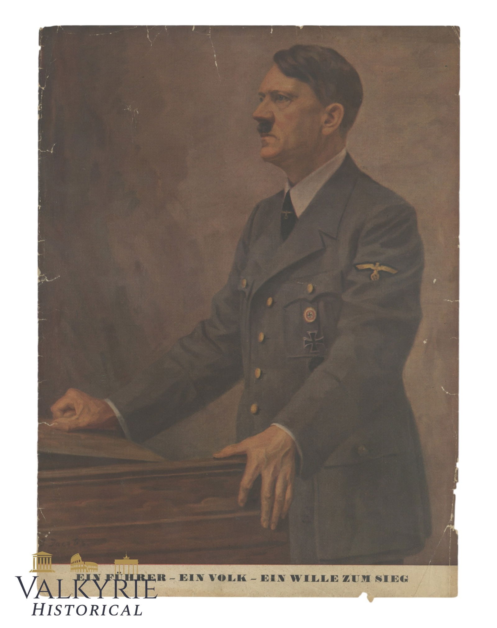 Nazi Propaganda Sheet With Artwork Representing Adolf Hitler as Chancellor: Nazi Propaganda Print Depicting a Portrait of Adolf Hitler as Chancellor of Germany With Text by Heinrich Anacker on the reverse glorifying the Fuhrer.Size: 38x27cm. All items for this auction will be