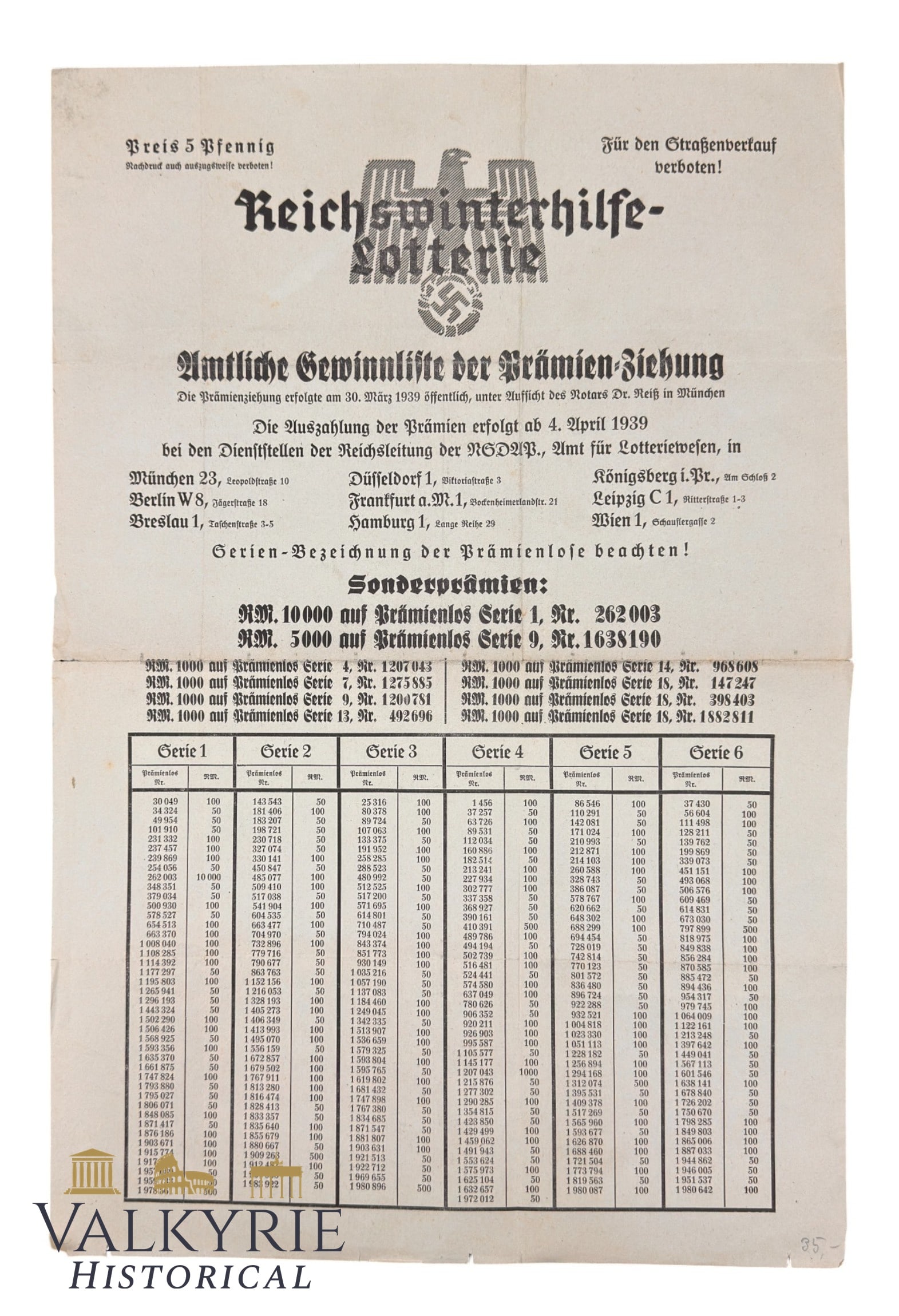 Official Prize List of the Prize Draw of the German WHW Lottery of April 1939 - BIG SIZE (1 of 4)