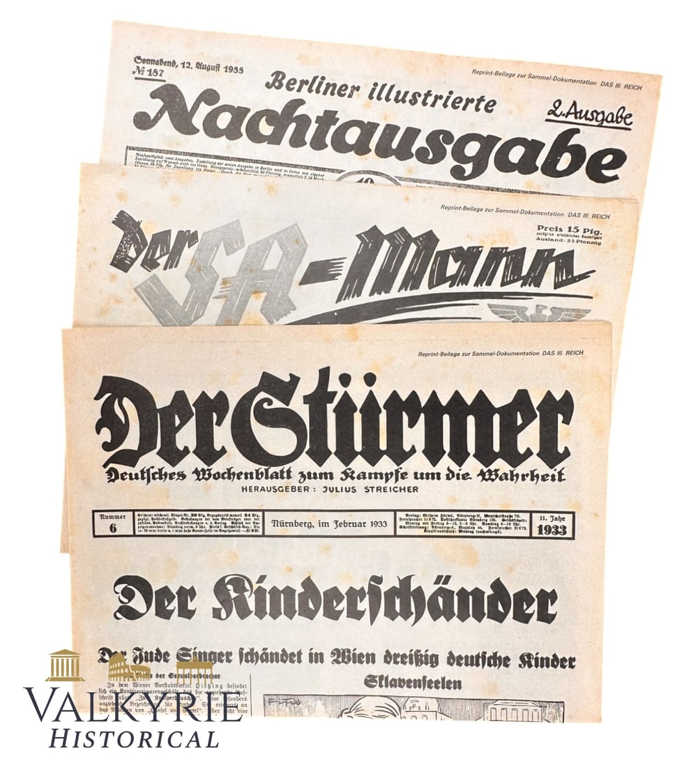 Different III Reich Period German Newspapers: Der Sturmer, Der SA-Mann, Die Rote Fahne: Reprints of Different III Reich Period German Newspapers: Der Sturmer, Der SA-Mann, Die Rote Fahne... among others. All marked on the upper right corner "Reprint supplement to the collected documentat