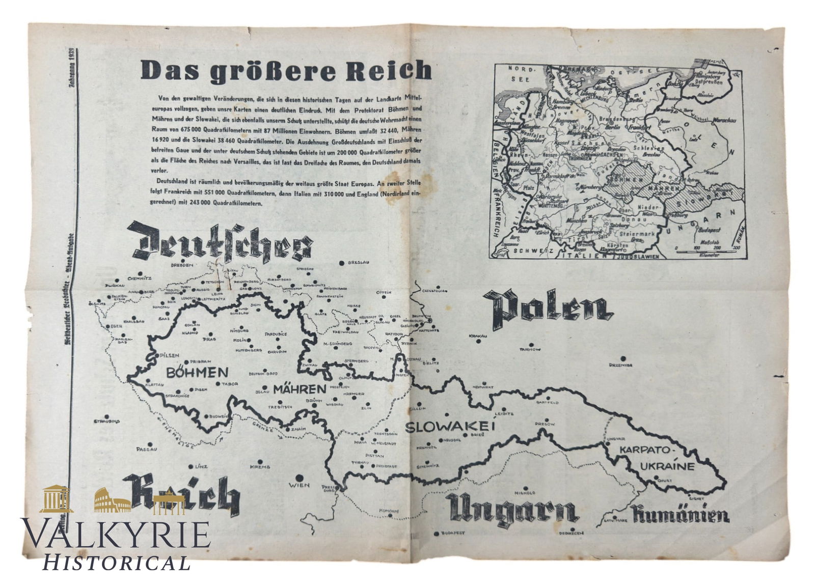 German Propaganda Leaflet of the Volkischer Beobachter About the Annexation of Sudetenland: German Propaganda Leaflet of the Volkischer Beobachter About the Annexation of Sudetenland. It shows a map of the German Reich and the Sudetenland along with Slovakia. On the reverse some photos of th