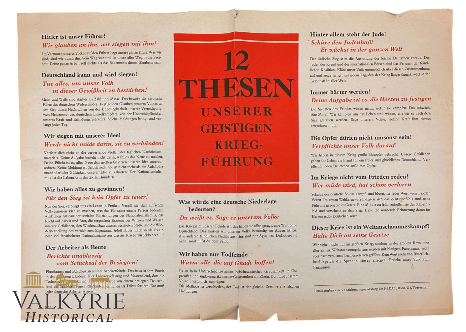 German Foldable Poster With Nazi Patriotic Guidelines "12 Theses Of Our Mental War Leadership": German Foldable Poster With Nazi Patriotic Guidelines "12 Theses Of Our Mental War Leadership". Size: 42x60cm All items for this auction will be shipping from Europe. Shipping cost $25 it doesn't matt