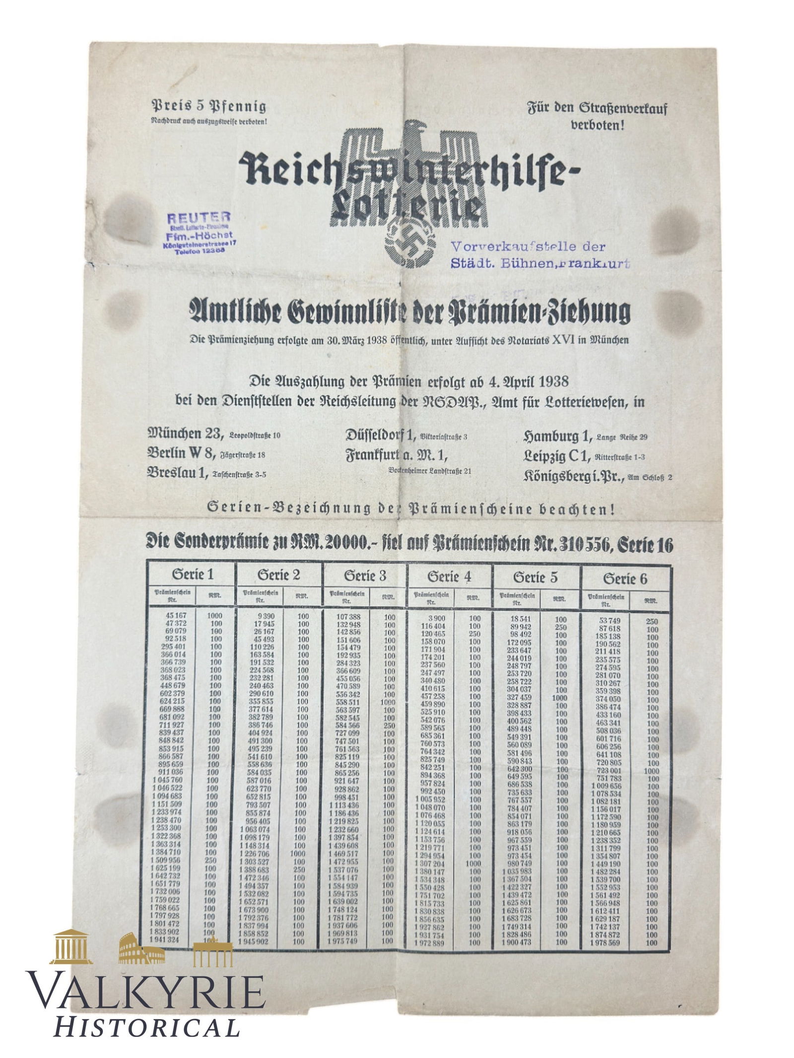 Official Prize List of the Prize Draw of the German WHW Lottery of April 1938 (1 of 6)