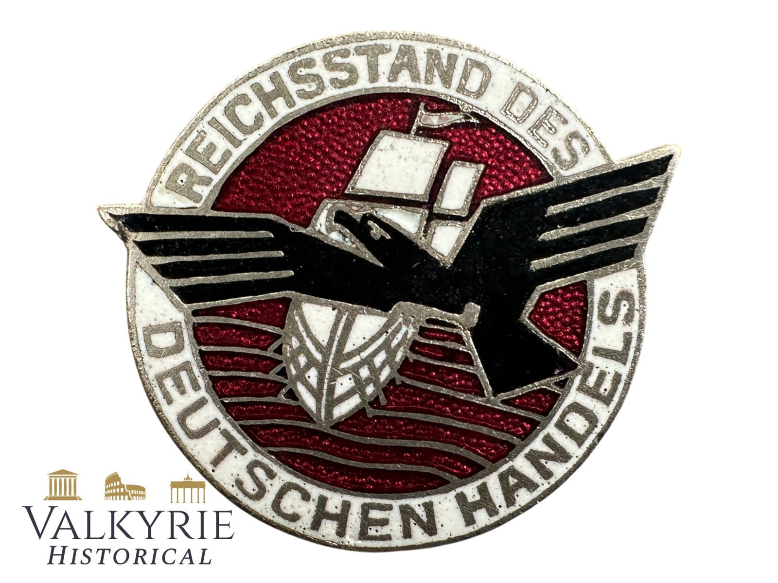 Membership Badge of the Reich Union of German Trade: Membership Badge of the Reich Union of German Trade. Enamelled with maker mark. All items for this auction will be shipping from Europe. Shipping cost $25 it doesn't matter how many items you win.