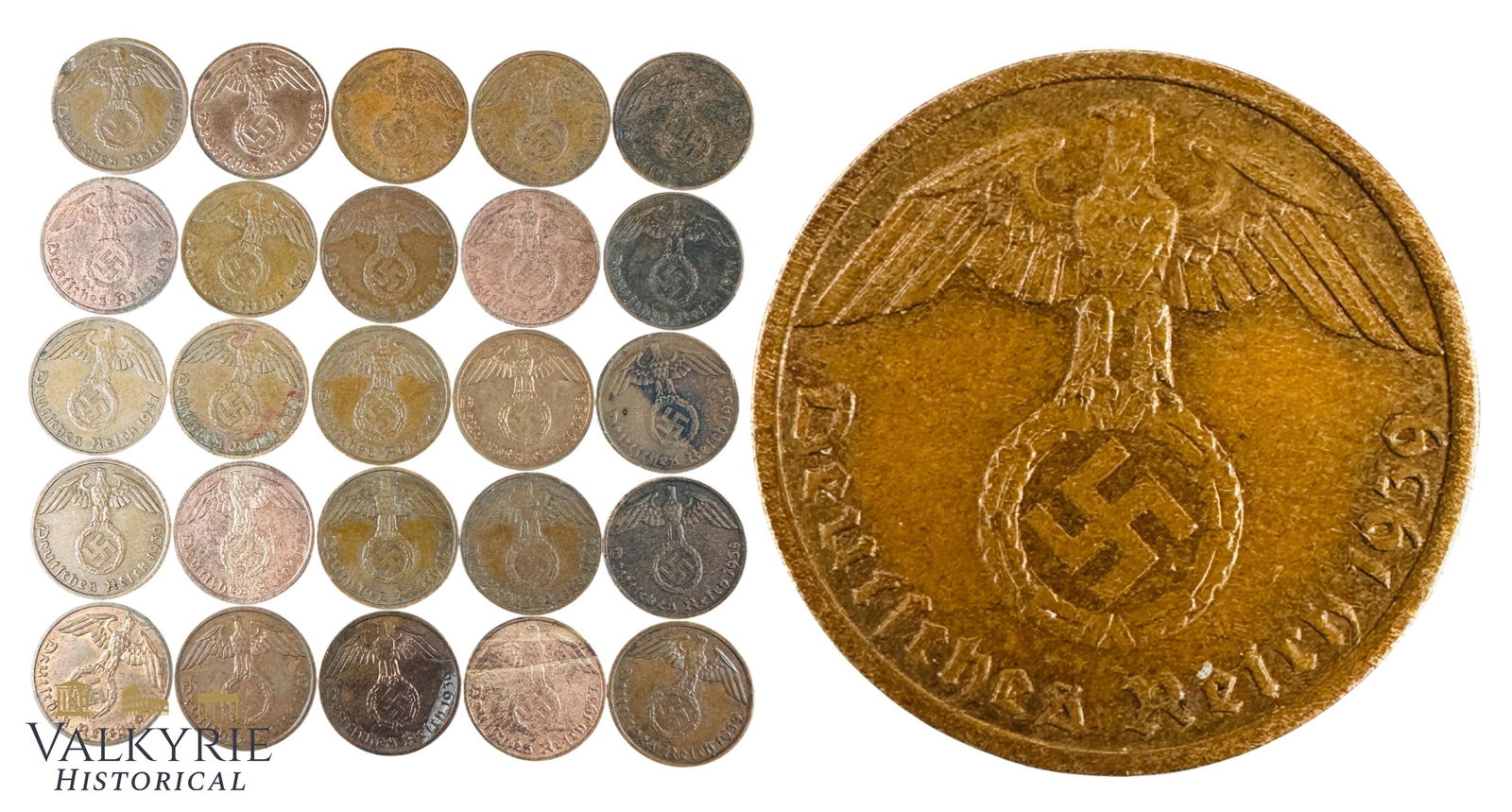 Set of 25 1 Pfennig Value Copper Coins of the III Reich Period - All Circulated: Set of 25 1 Pfennig Value Copper Coins of the III Reich Period - All Circulated. All items for this auction will be shipping from Europe. Shipping cost $25 it doesn't matter how many items you win.