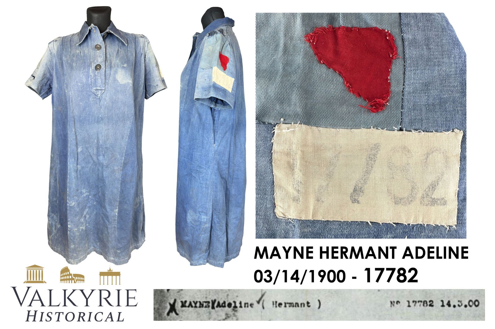 Ultra Rare Blouse Used by Belgian Female Political Prisoner in a German Concentration Camp - Named!: Ultra Rare Blouse Used by a Belgian Female Political Prisoner in a German Concentration Camp - Named!. The blouse is in poor condition due to the horrible conditions the former owner had to go through