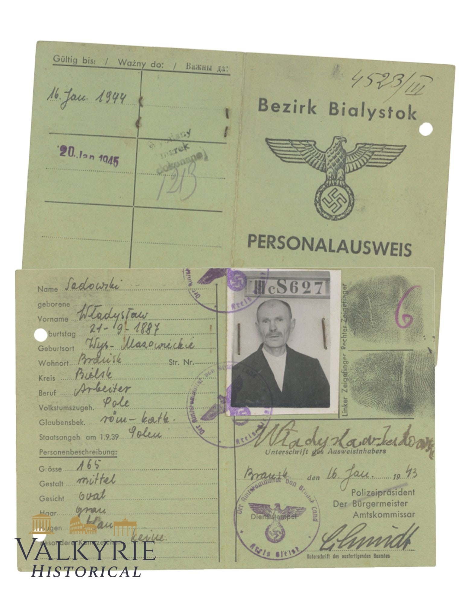Personalausweis For Polish District Bialystok Inhabitants Issued in 1943 to a Polish Man (1 of 3)