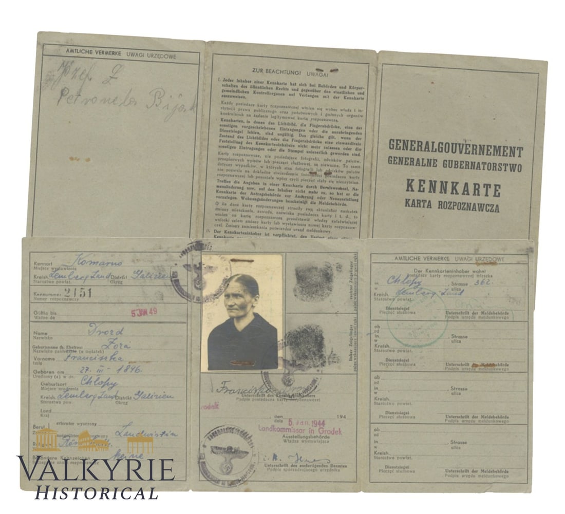 Kennkarte Generalgouvernement Edition Issued in 1944 to a Polish Elderly Woman: Kennkarte Generalgouvernement Edition Issued in 1944 to a Polish Elderly Woman from Grodek. With photo of the woman. All items for this auction will be shipping from Europe. Shipping cost $25 it doesn