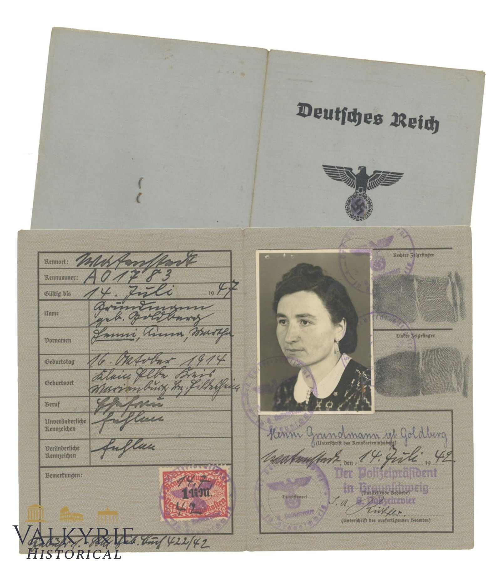 Kennkarte Issued in 1941 to a German Woman From Braunschweig (1 of 3)