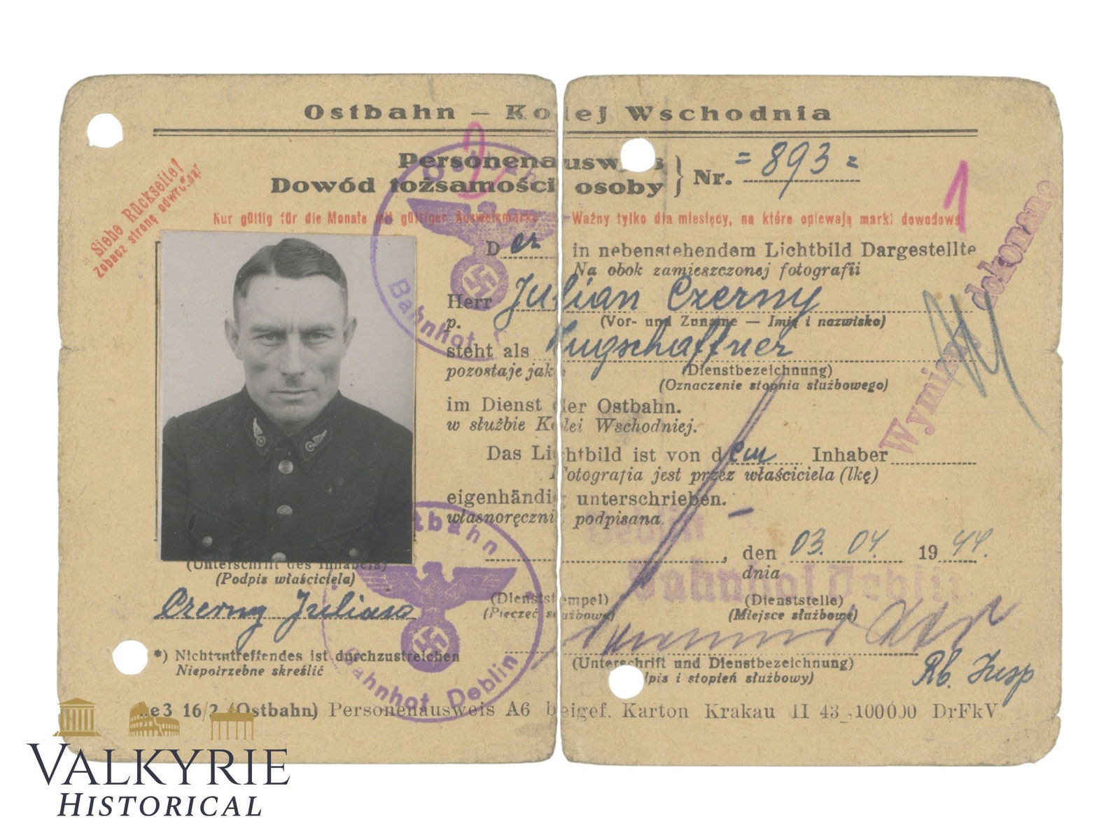 Personalausweis Issued in 1944 to a Polish Man Who Worked For German East Railways in Deblin (1 of 2)