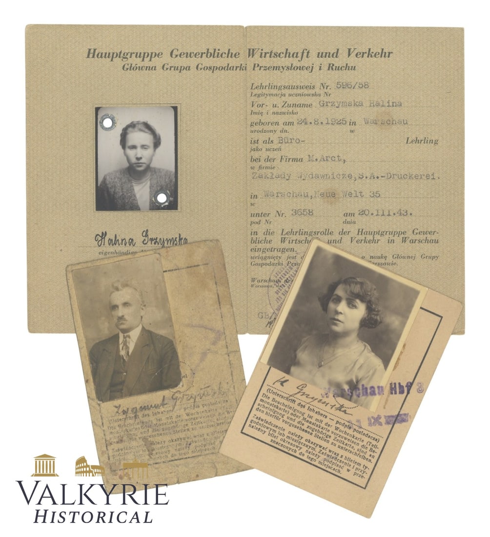 Set of 3 Identification Documents Isseued to a Woman From Warsaw an to Her Father: Set of 3 Identification Documents Issued to a Woman From Warsaw an to Her Father dated during the occupation of Poland by Germany. 2 of them are certificate cards for weekly tickets (transport or rati