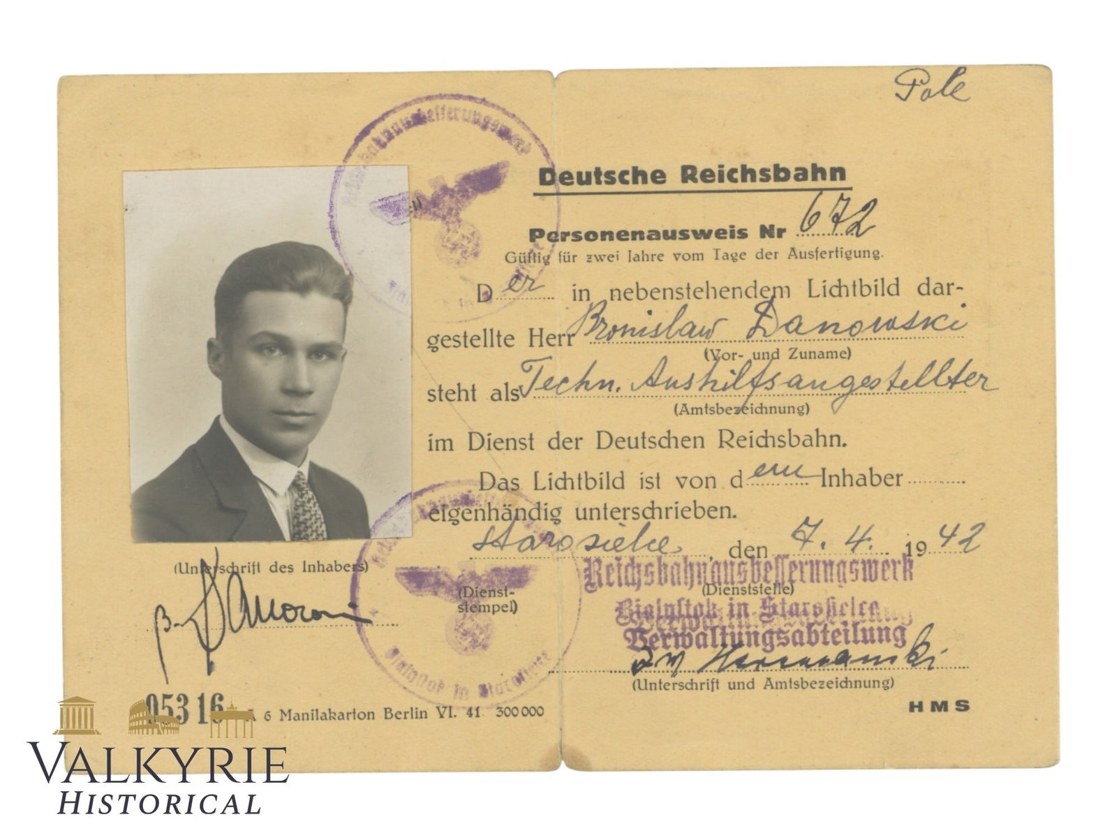 Personalausweis Issued in 1942 to a Worker of the German Railways Company in Bialystok (1 of 2)