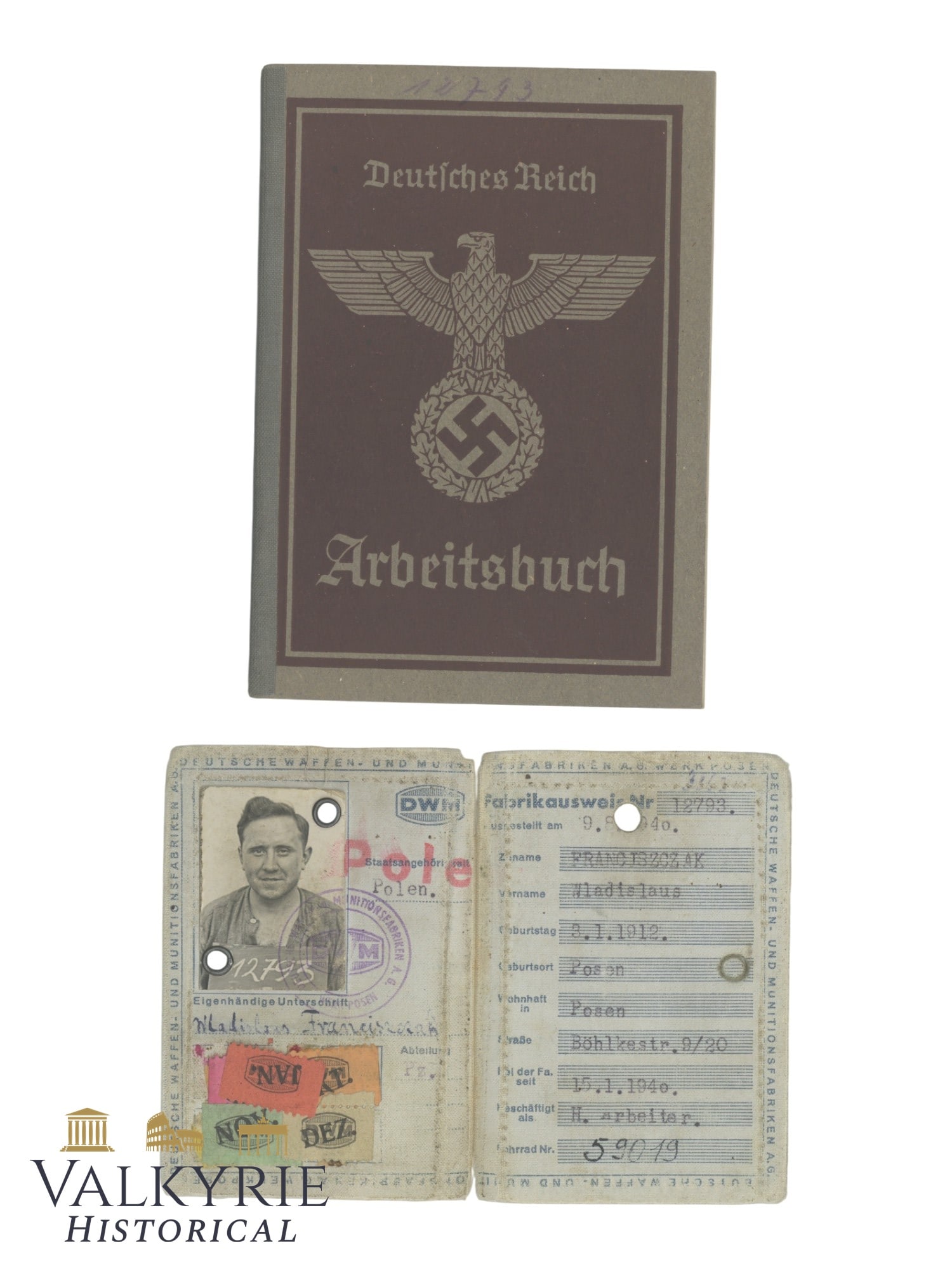 Set of ID Cards to a Polish Forced Labourer of the Deutsche Waffen und Munitionsfabriken AG: Set of ID Cards to a Polish Forced Labourer of the Deutsche Waffen und Munitionsfabriken AG in Posen. Set includes his workbook marked as for "Not-German" issued in 1942 and his factory Ausweis of the