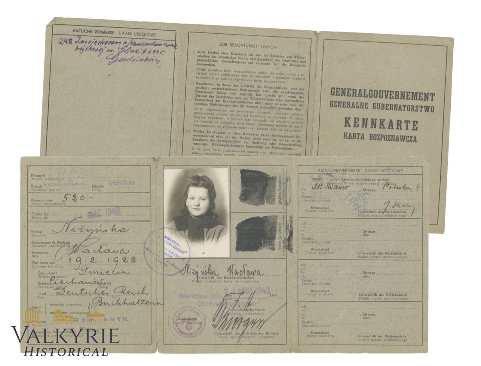 Kennkarte Issued in 1943 to a Polish Woman Who Was Accountant in the Genearlgouvernement (1 of 3)