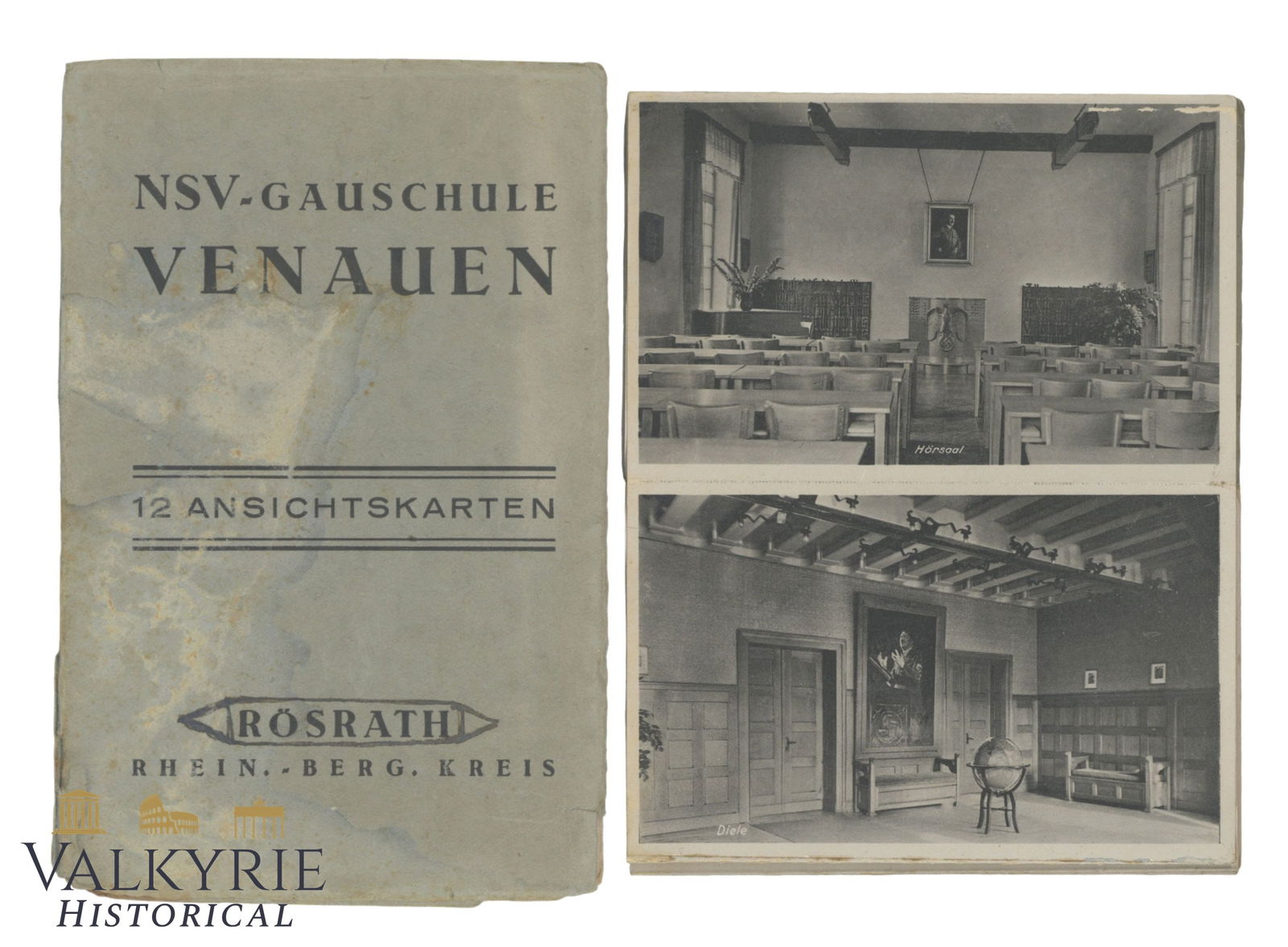 Set of 12 Propaganda Postcards With Photos of the NSV Gauschule Venauen With Folder: Set of 12 Propaganda Postcards With Photos of the NSV Gauschule Venauen With Folder. They show entrance gate, some decorations of the building, furniture, rooms, halls, etc. All items for this auction