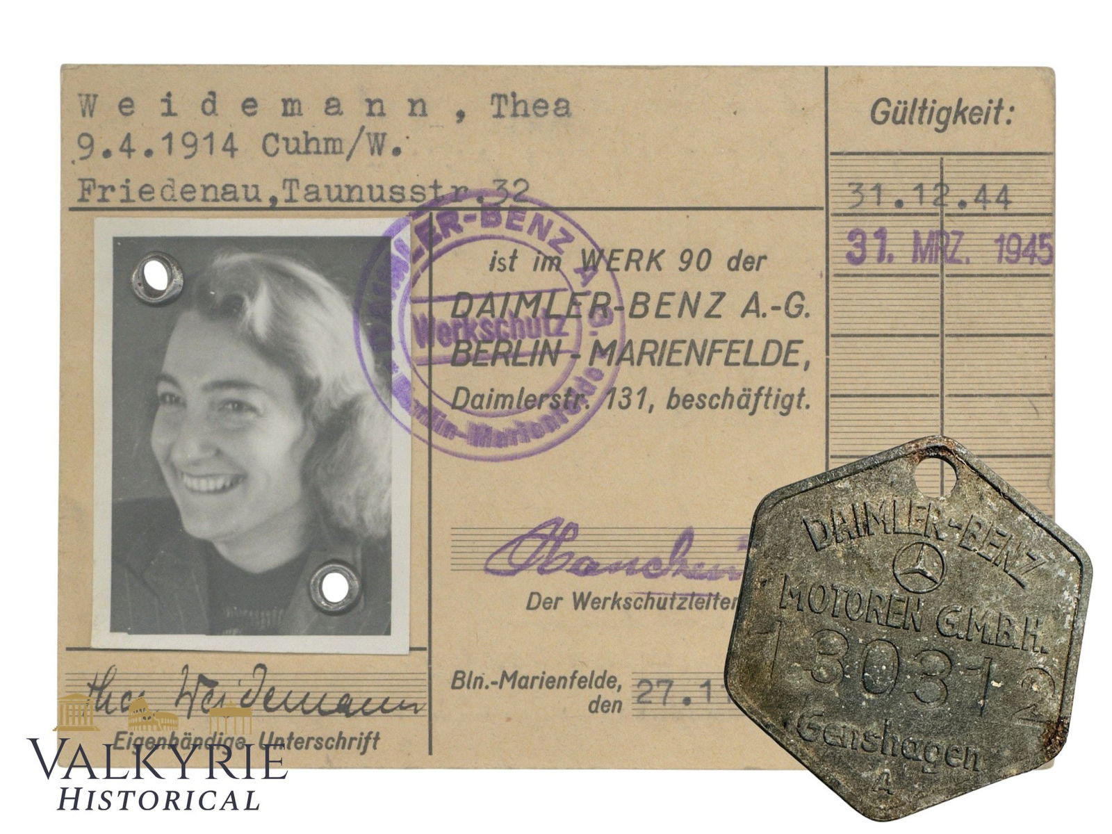 Set of Ausweis and Ground Dug Condition Metal Tag Related to Daimler-Benz Motoren AG: Set of Ausweis and Ground Dug Condition Metal Tag Related to Daimler-Benz Motoren AG. Ausweis is a factory ID issued in 1944 to a German woman who worked for the Daimler-Benz company factory in Berlin