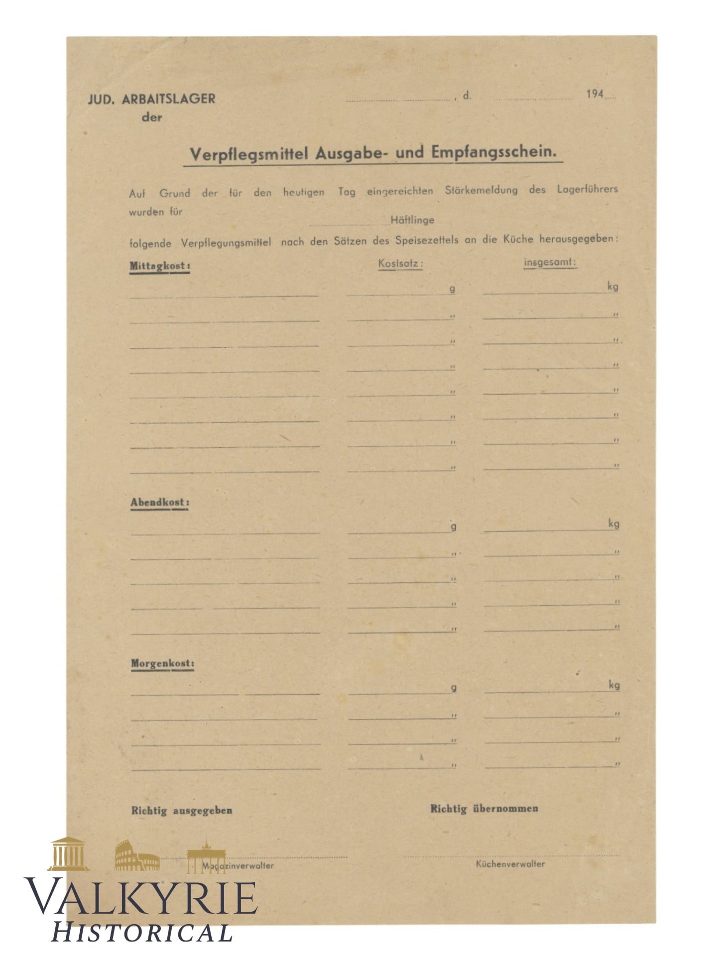 Unused Food Issue and Receipt Slip For Jewish Prisoners in a German Work Camp for Jews: Unused Food Issue and Receipt Slip For Jewish Prisoners in a German Work Camp for Jews. All items for this auction will be shipping from Europe. Shipping cost $25 it doesn't matter how many items you