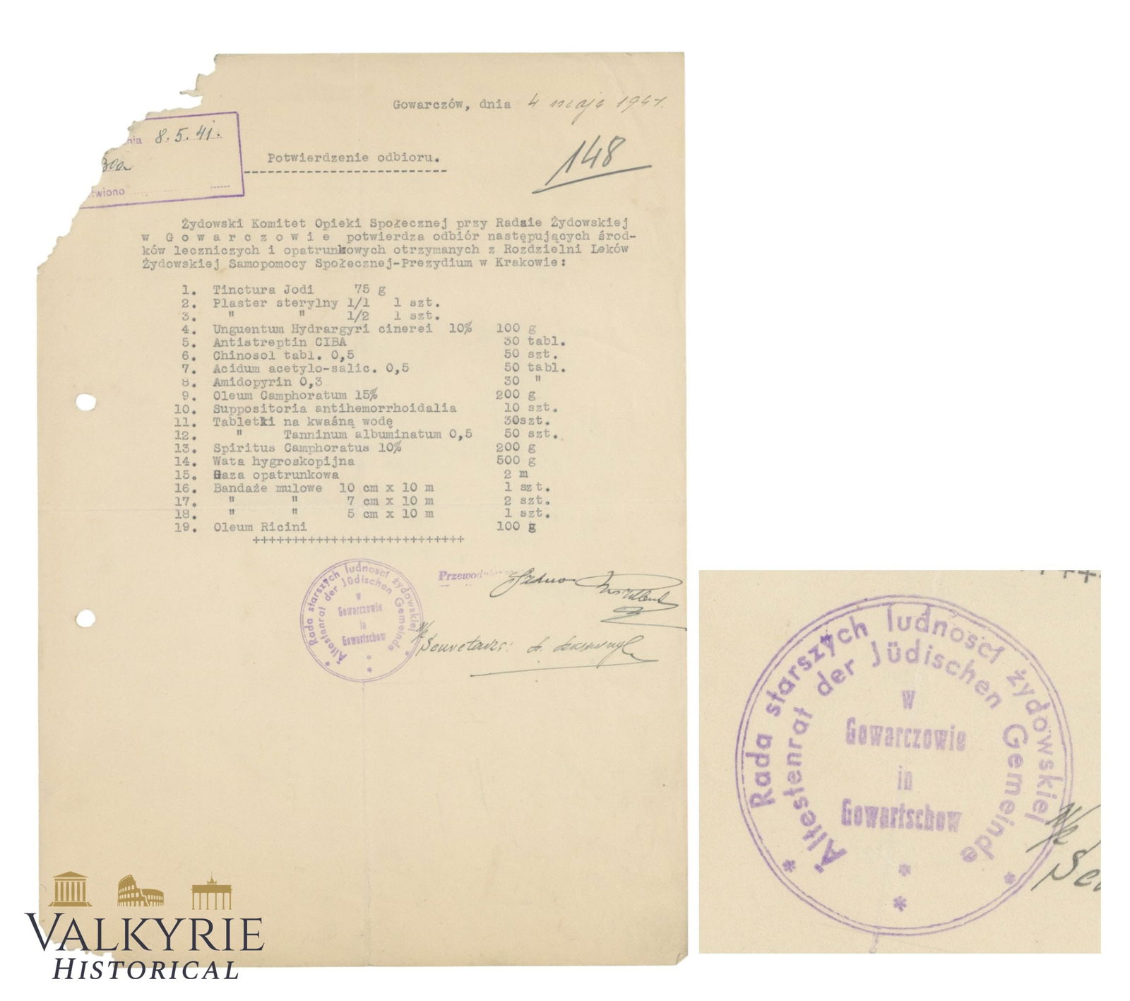 Rare Confirmation of Receipt Document Dated 1941 of Medicine and Dressing Aids in Ghetto Gowarczow (1 of 4)