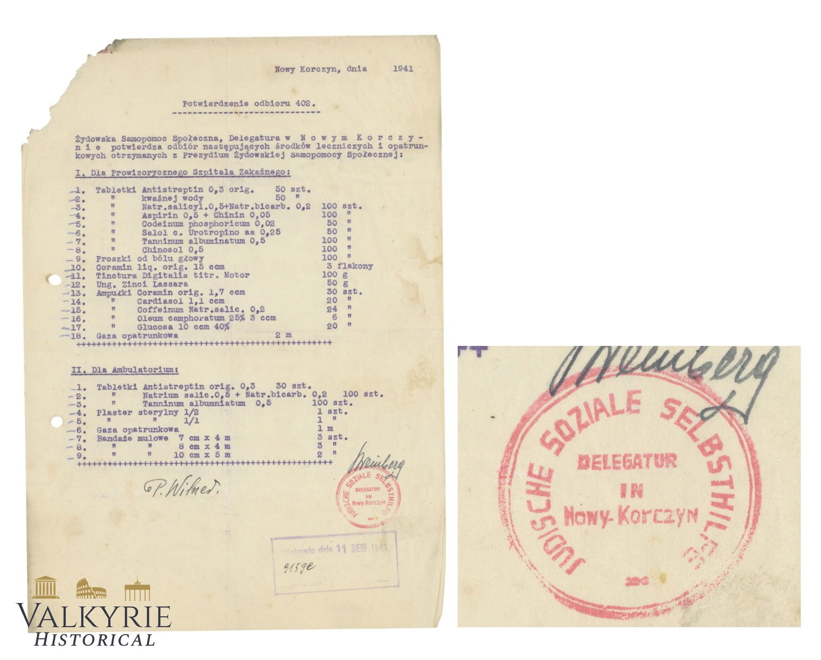 Rare Confirmation of Receipt Document Dated 1941 of Medicine and Dressing Aid in Ghetto Nowy Korczyn (1 of 4)