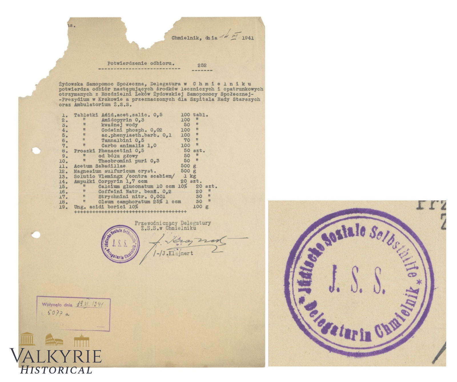 Rare Confirmation of Receipt Document Dated 1941 of Medicine and Dressing Aids in Ghetto Chmielnik (1 of 4)