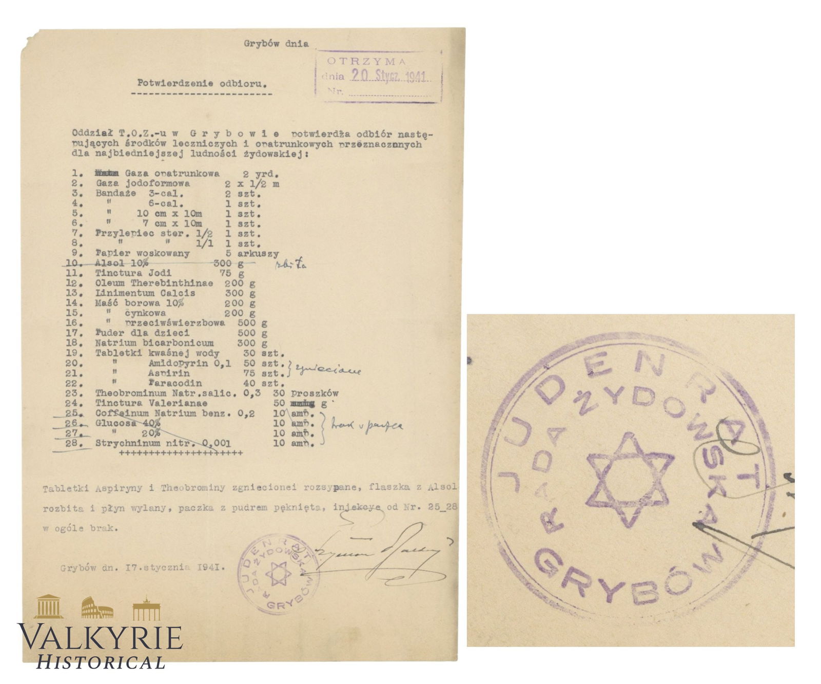 Rare Confirmation of Receipt Document Dated 1941 of Medicine and Dressing Aids in Ghetto Grybow (1 of 4)