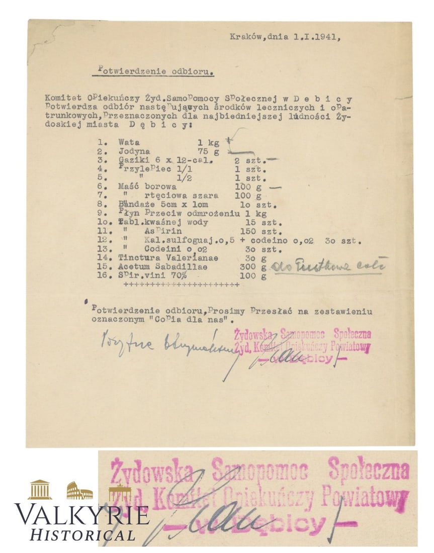 Rare Confirmation of Receipt Document Dated 1941 of Medicine and Dressing Aids in Ghetto Debicy (1 of 4)