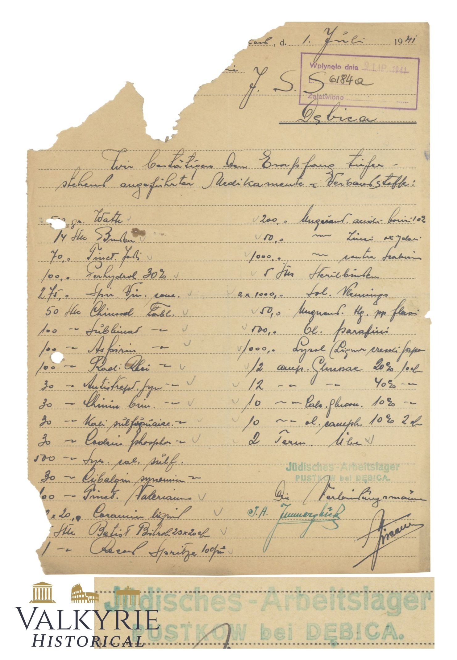 Pustkow Camp - Document Dated 1941 of Medicine and Dressing Aids in Arbeitslager Debica (1 of 4)