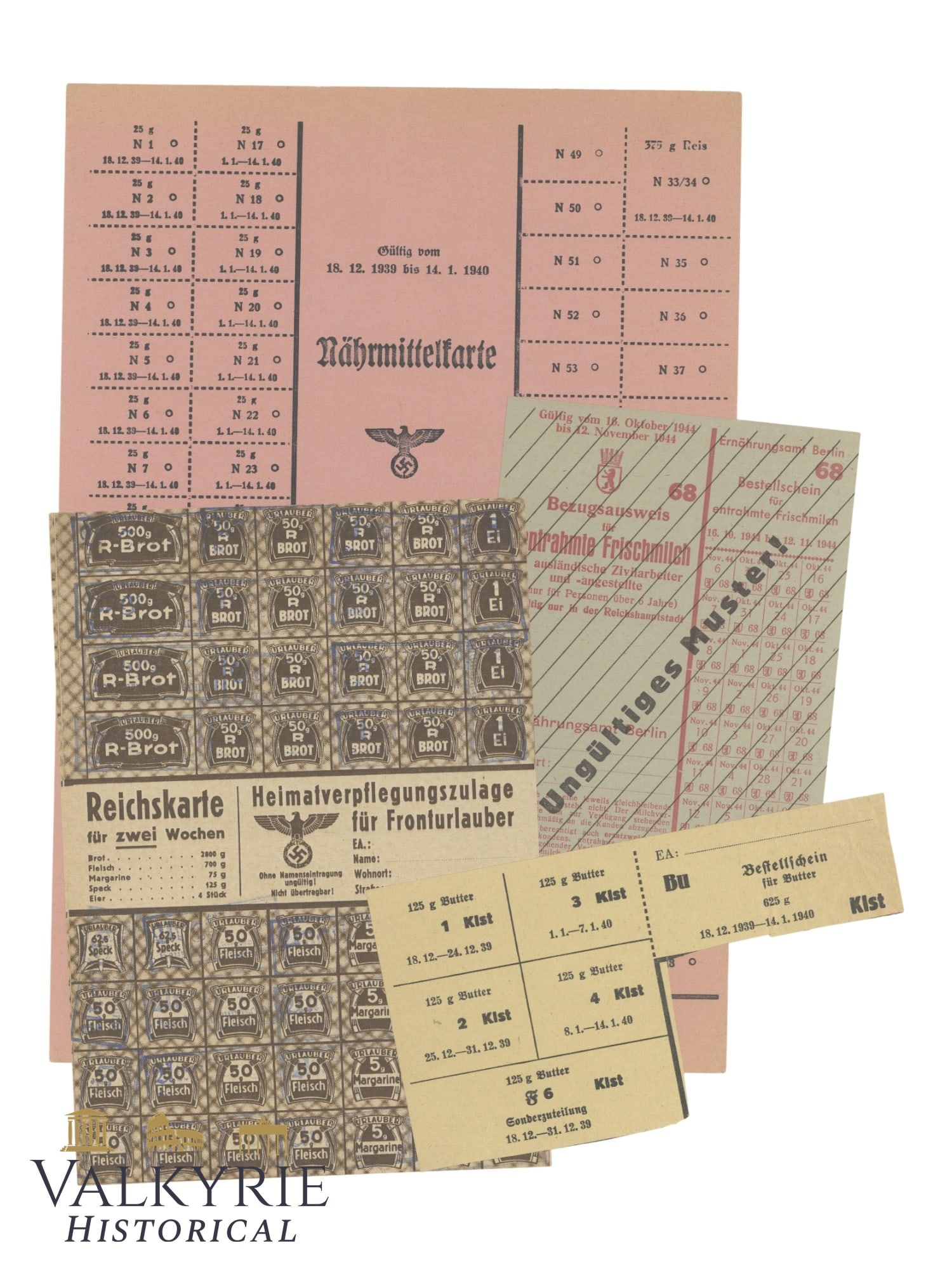 Set of 5 Different German Rationing Cards For Different Kind of Food Dated From 1939 to 1944 (1 of 5)