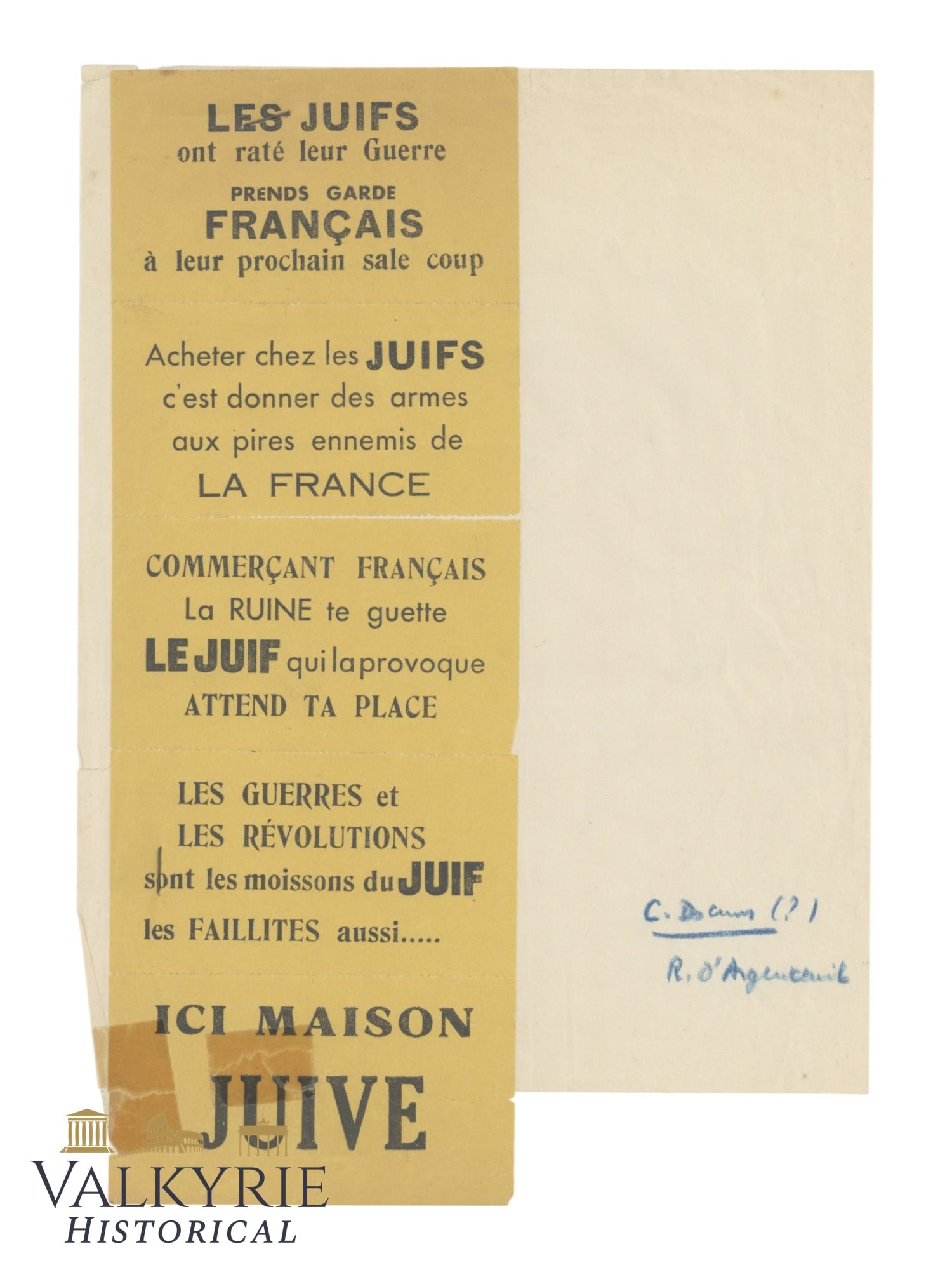 French Anti-Semitic Leaflet "The Jews Missed Their War - Beware Frenchmen of Their Next Dirty Trick" (1 of 2)