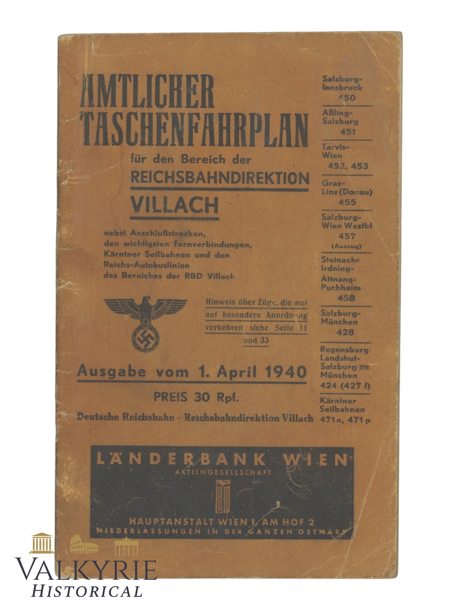 German Railways Timetable Pocket Booklet For The Area of Villach - 1 April 1940 (1 of 7)