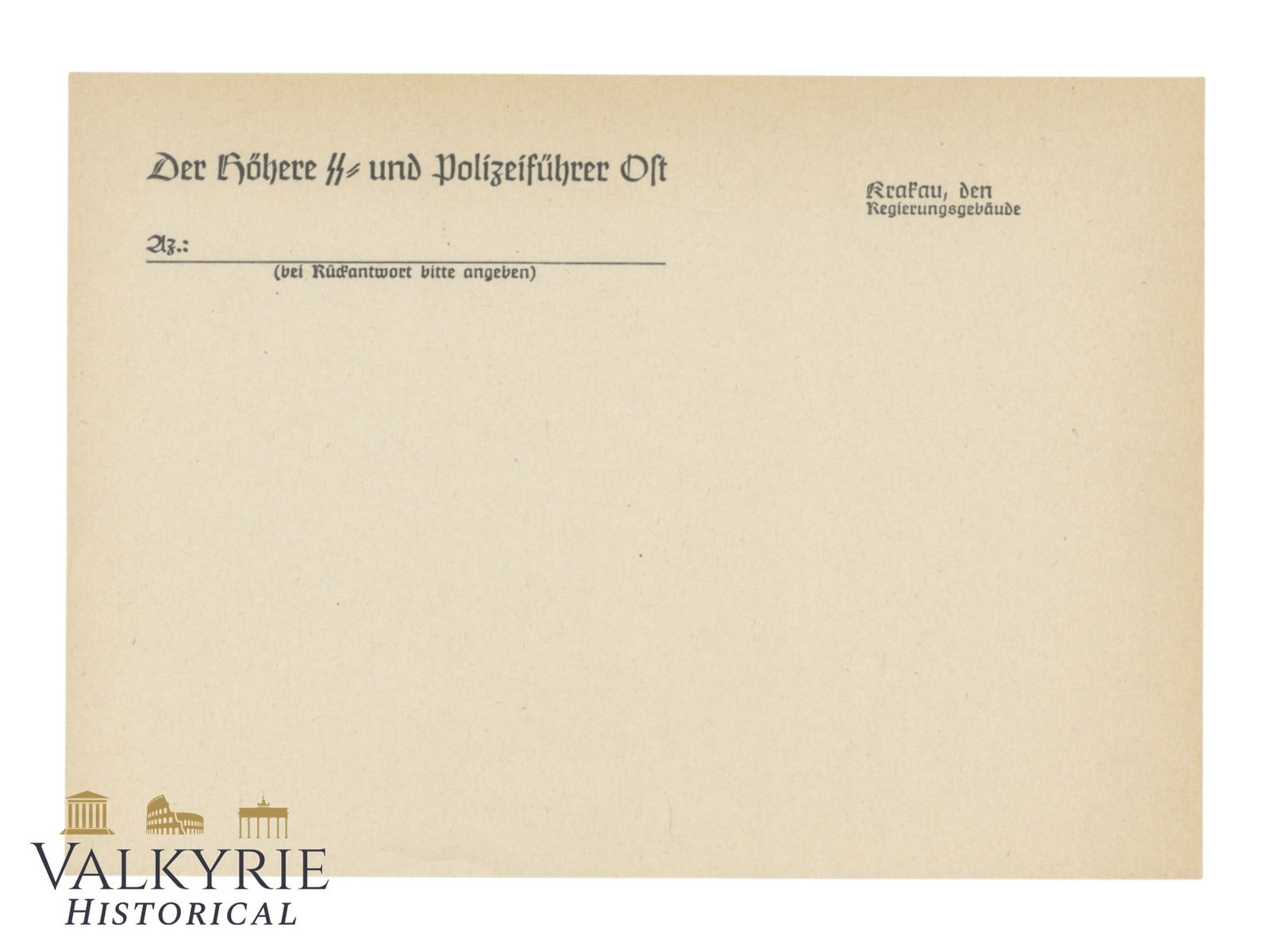Never Used Stationery Card of the "Highest of the SS and Police Leader of the East" in Krakow (1 of 2)