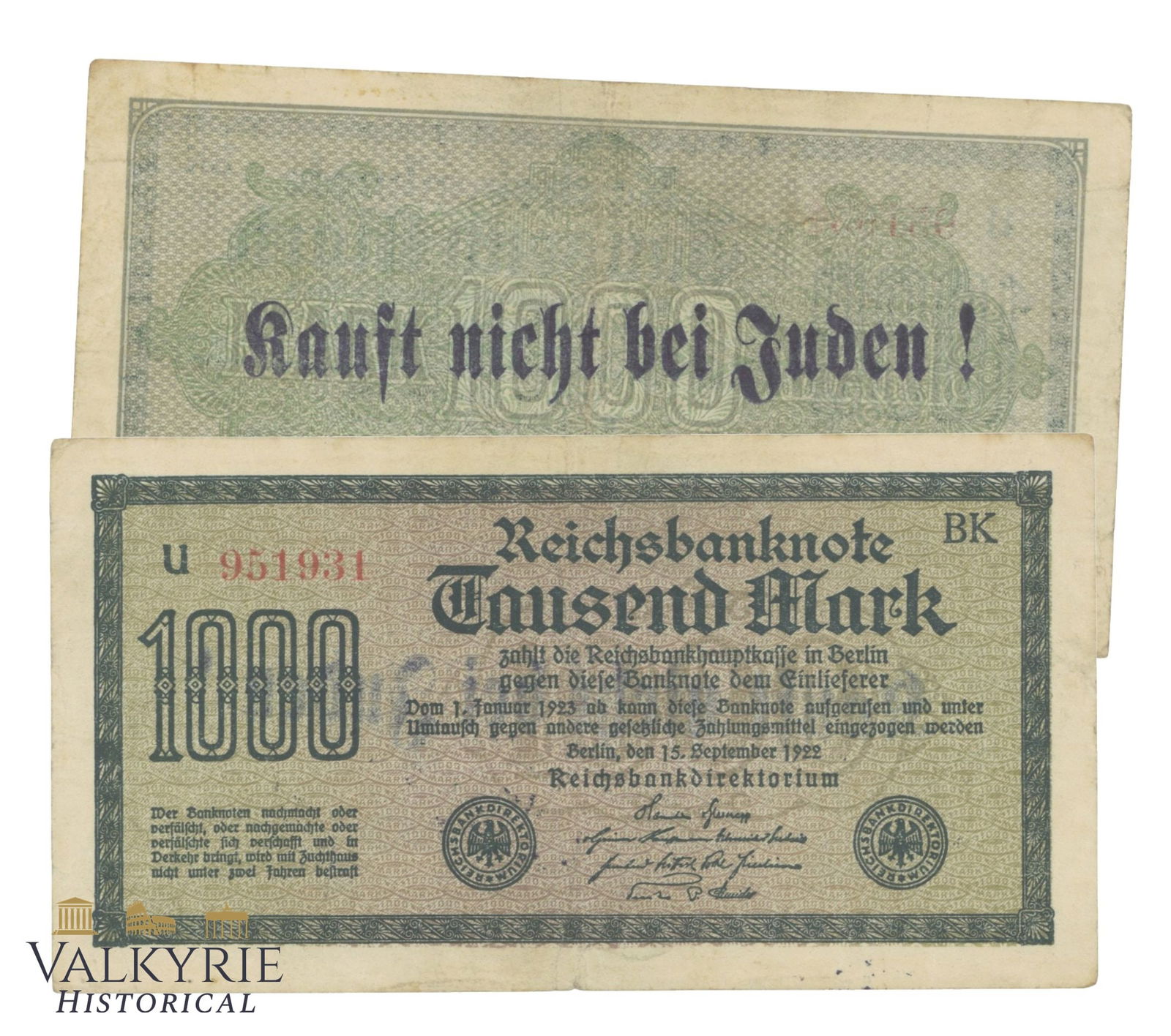 German Hyperinflation Period Reichsbank Banknote of 1000 RM With Anti-Semitic Inscription: German Hyperinflation Period Reichsbank Banknote of 1000 RM With Anti-Semitic Inscription on the Reverse. It says "Don't buy from Jews!". Stamped by the Nazis to boycott the Jewish businesses.. All it