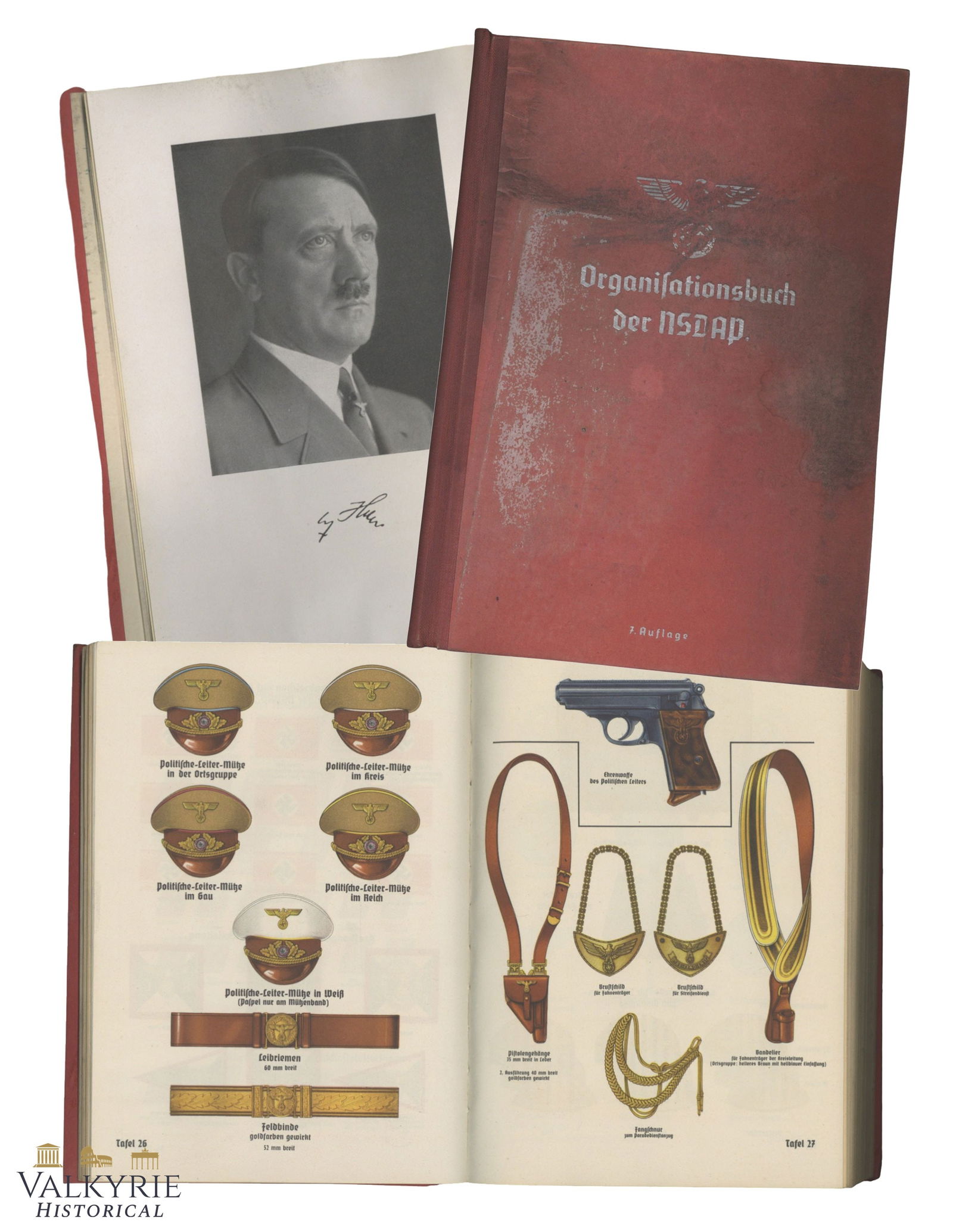 Organisation Book of the NSDAP - Year 1943 Edition: Organisation Book of the NSDAP - Year 1943 Edition. Very illustrated book with plenty of colour sheets depicting party member uniforms with different ranks, also medals, emblems, banners, armbands, ca