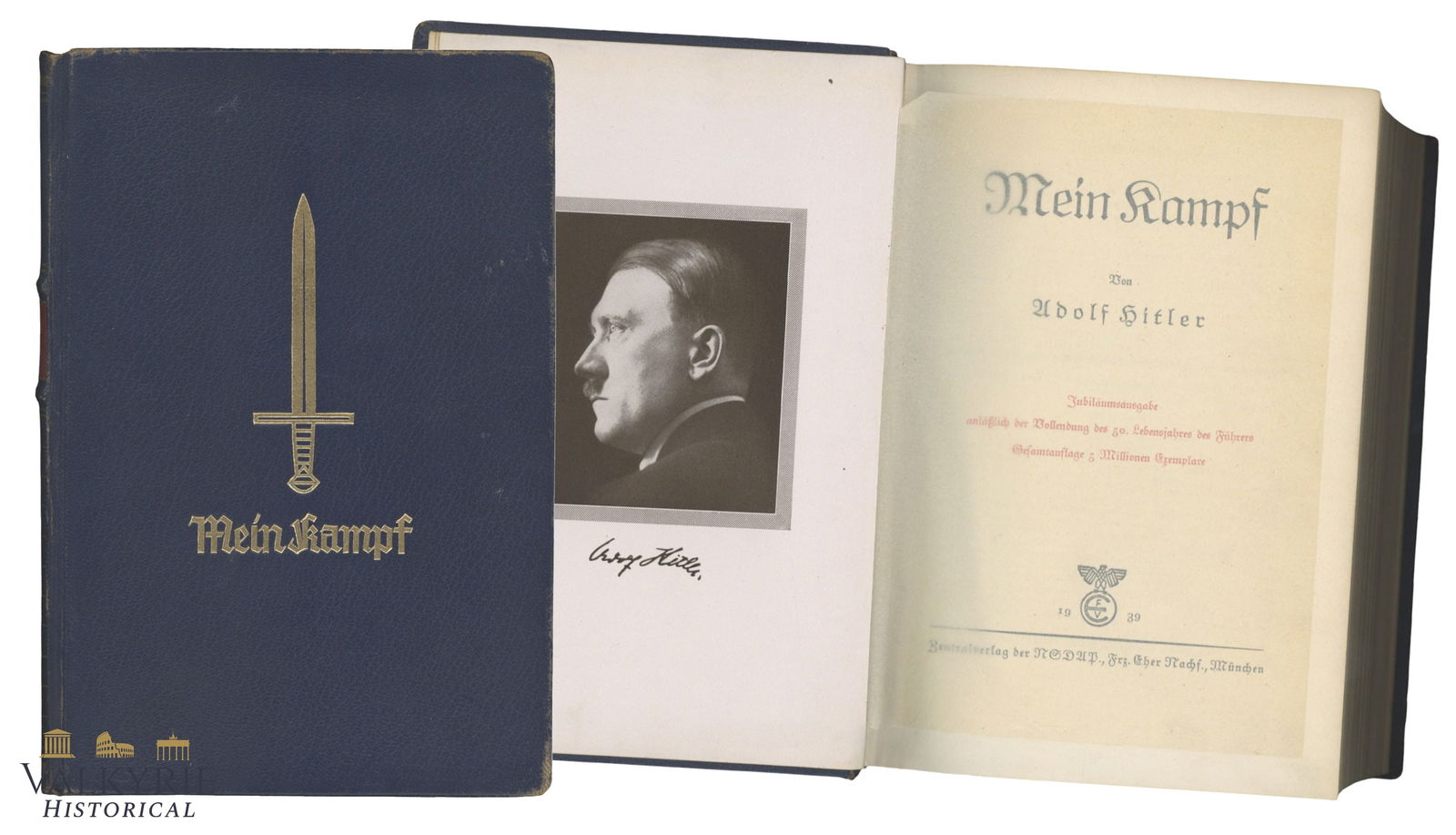 Adolf Hitler's "Mein Kampf" Fuhrer's 50th Birthday - Anniversary Edition: Adolf Hitler's "Mein Kampf" Fuhrer's 50th Birthday - Anniversary Edition. Luxurious edition in hard cover with gold embossed title. Complete and in very good condition. All items for this auction will