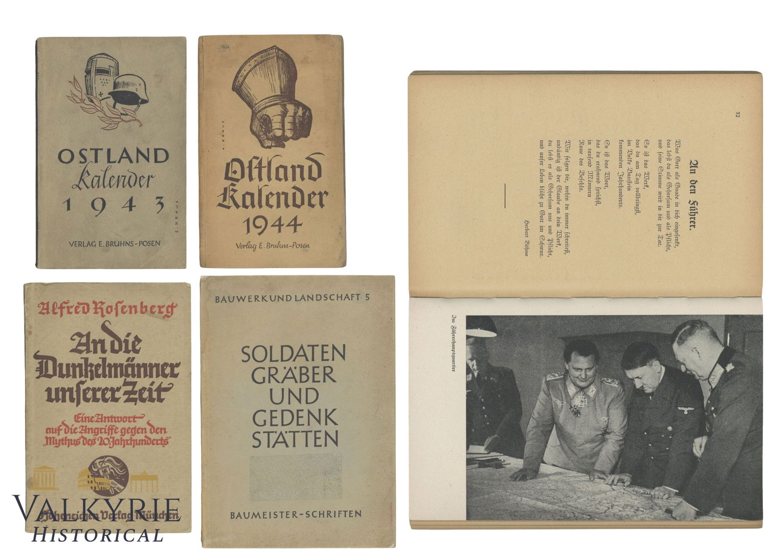 4 German Books of the III Reich Period: 4 German Books of the III Reich Period. 1. Title: "Ostland Calendar 1943". Soft cover. Verlag E. Bruhns - Posen. 2. Title: "Ostland Calendar 1944". Soft cover. Verlag E. Bruhns - Posen. 3. Nazi Philos