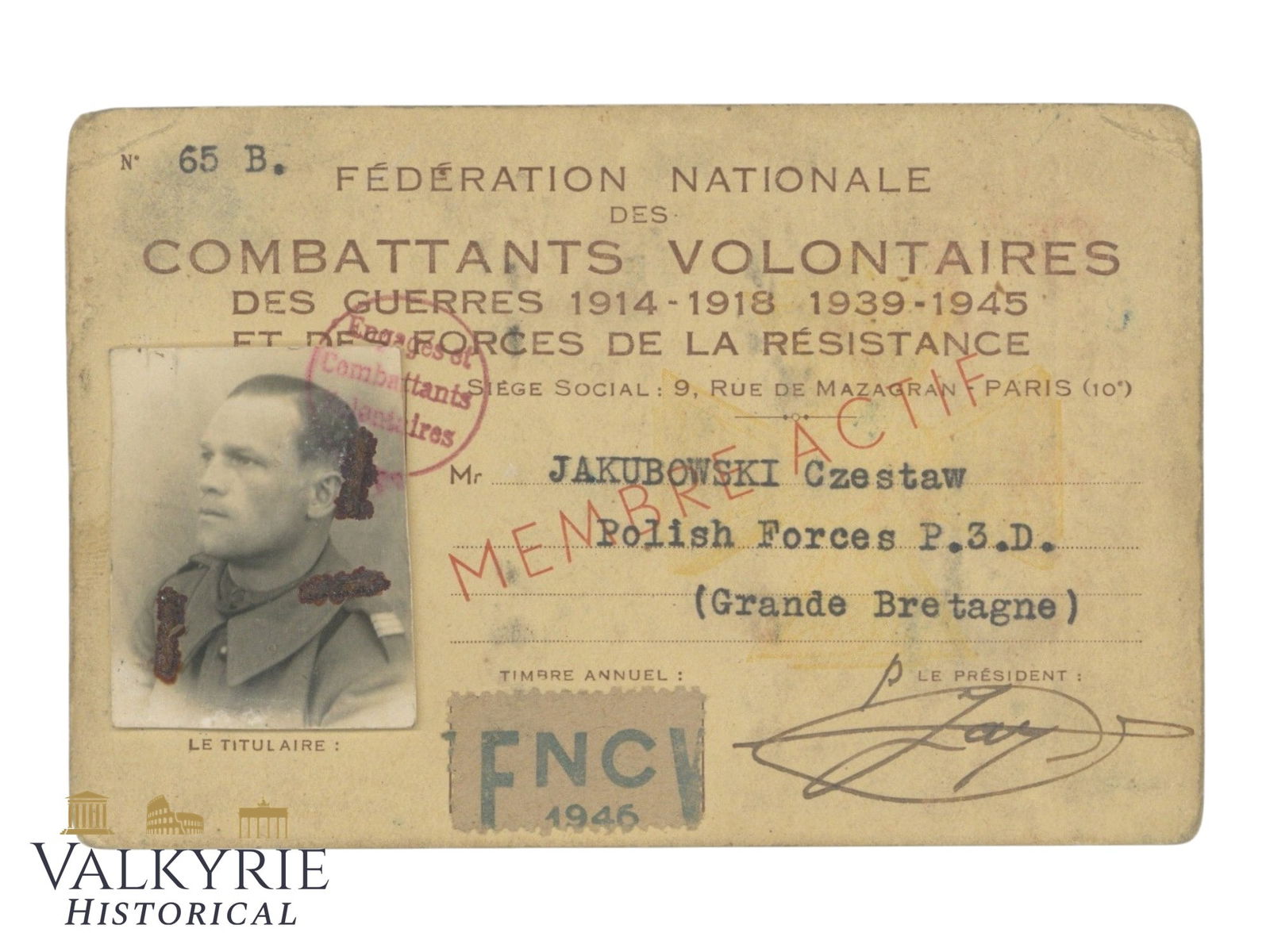 Rare Membership Card of National Fed of Volunteers of Both Wars and Resistence Forces to a Pole (1 of 2)