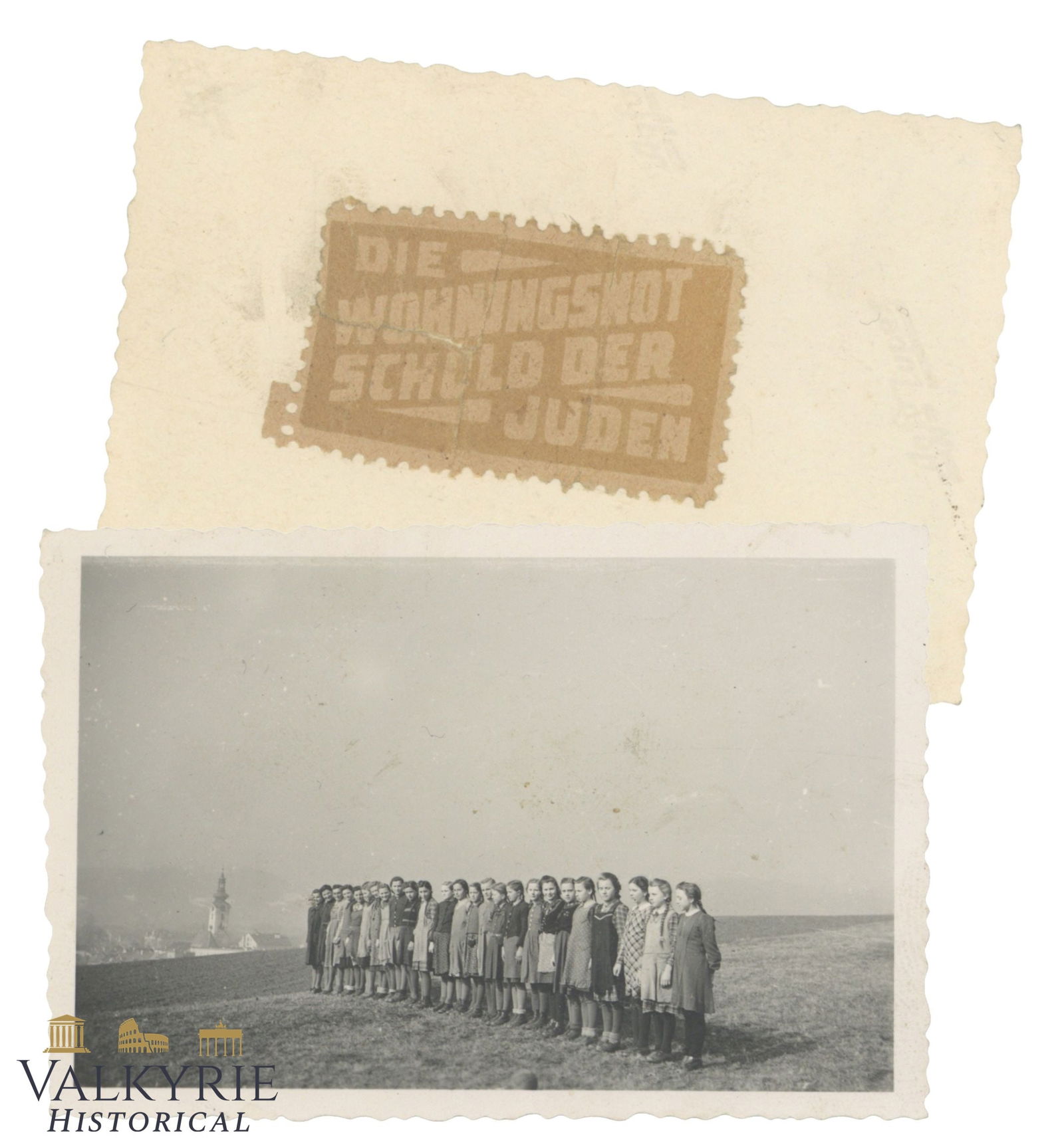 Private Taken Photo Showing German Girls in Rural Area With Anti-Semitic Stamp on Reverse: Private Taken Photo Showing German Girls Forming in a Rural Area With Anti-Semitic Stamp on Reverse that says "The Housing Shortage is the Fault of the Jews". Size: 9x6cm All items for this auction wi