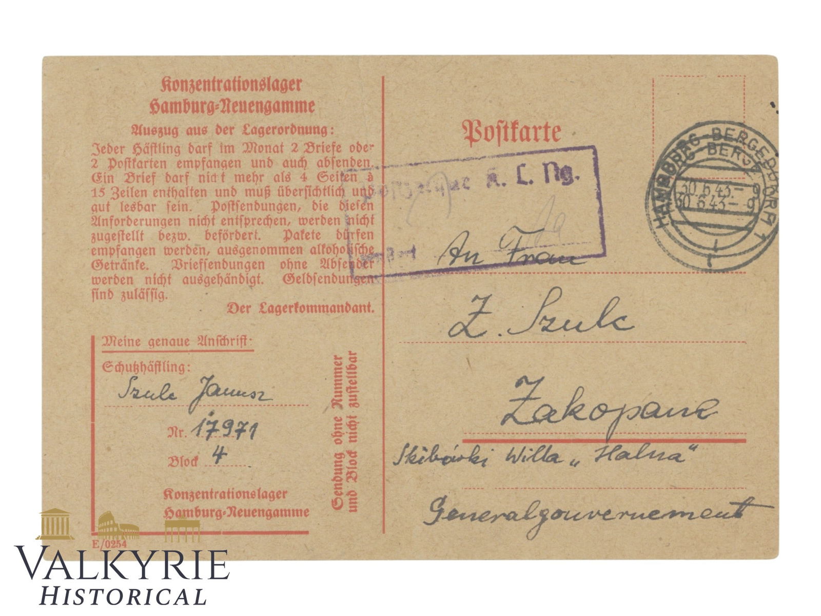 Postcard Sent From KL Neuengamme by Polish Prisoner in 1943 to Family.: Postcard from a prisoner of the KL Neuengamme concentration camp near Hamburg. Prisoner Janusz Szulc, camp number 17971, sent to Zakopane. Very good condition . All items for this auction will be ship