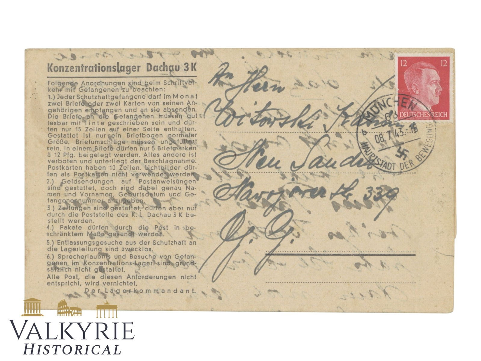 Letter From a Prisoner of the KL Dachau Concentration Camp, Sub-Camp of Arbeitslager Munchen 68.: Letter from a prisoner of the KL Dachau concentration camp, sub-camp of Arbeitslager Munchen 68. Prisoner Johan Witkowski, camp number 36454. Sent in 1943. All items for this auction will be shipping