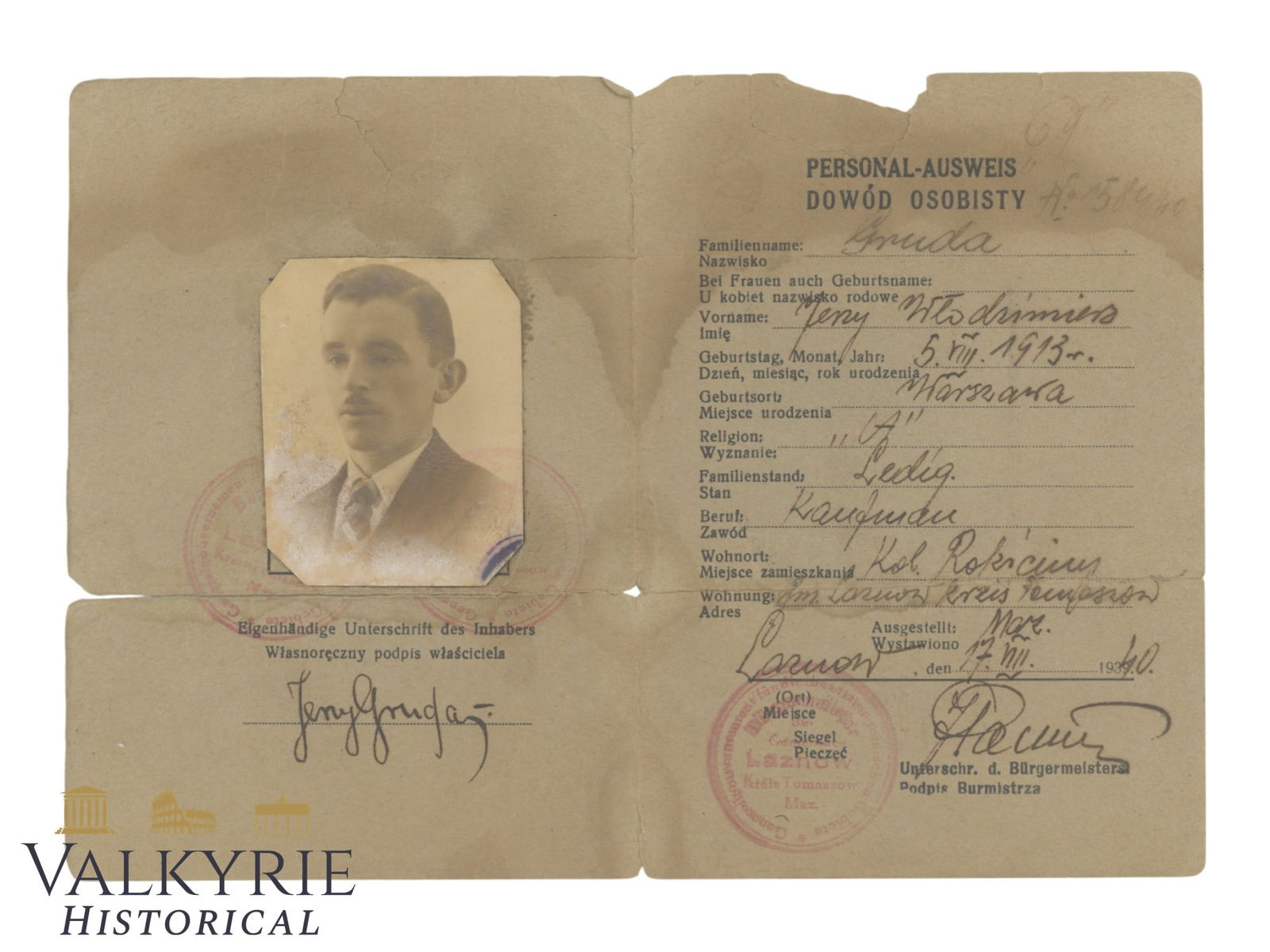 Personalausweis Issued in 1940 to a Polish Businessman From Warsaw (1 of 2)