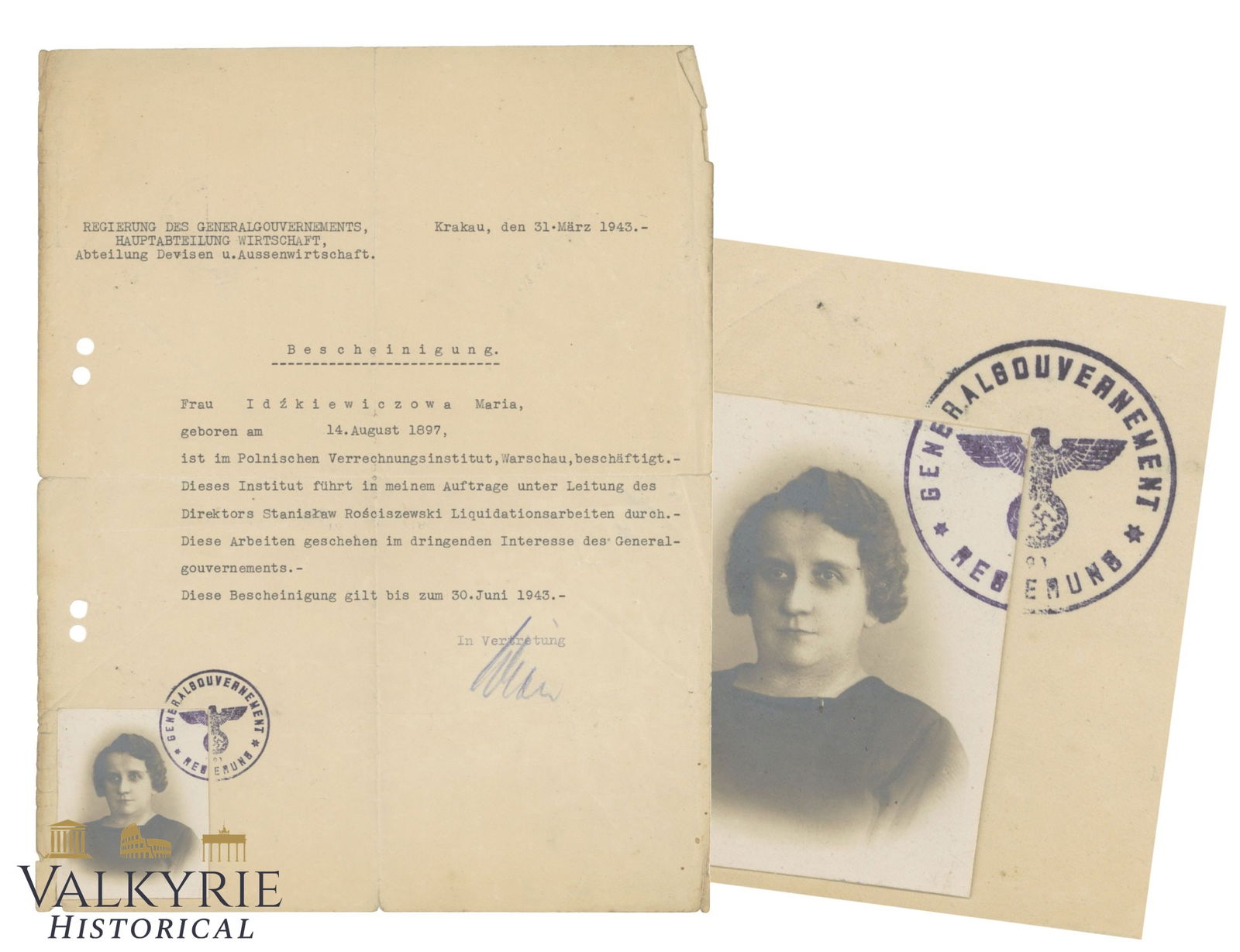 Certificate Issued in 1943 in Krakow to a Polish Woman Employed by Polish Liquidation Institut (1 of 3)