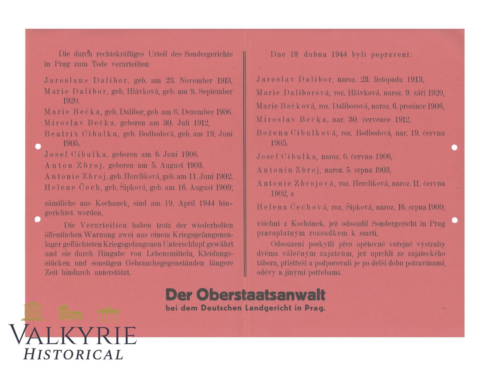 Notice Poster About the Execution of Some Czech Citizens For Helping & Supportig War Prisoners (1 of 2)