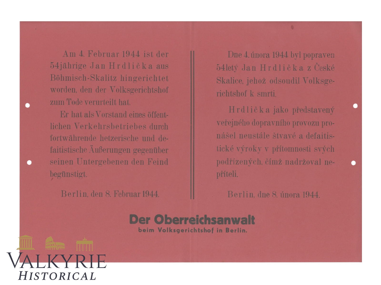 Notice Poster About the Execution of a Czech Citizen For Favouring the Enemy With Statements (1 of 2)