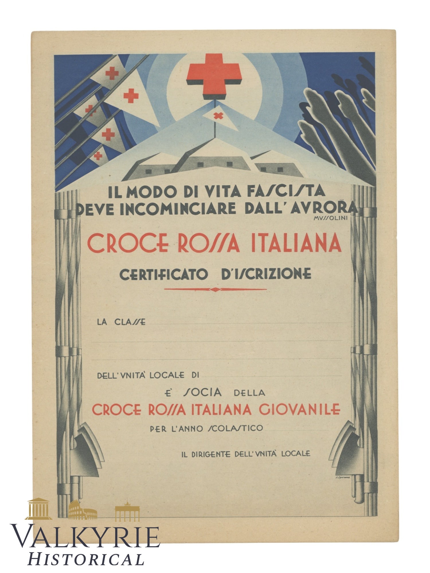 Unused Inscription Certificate to the Fascist Italian Red Cross Youth - With Annotations on Reverse (1 of 2)