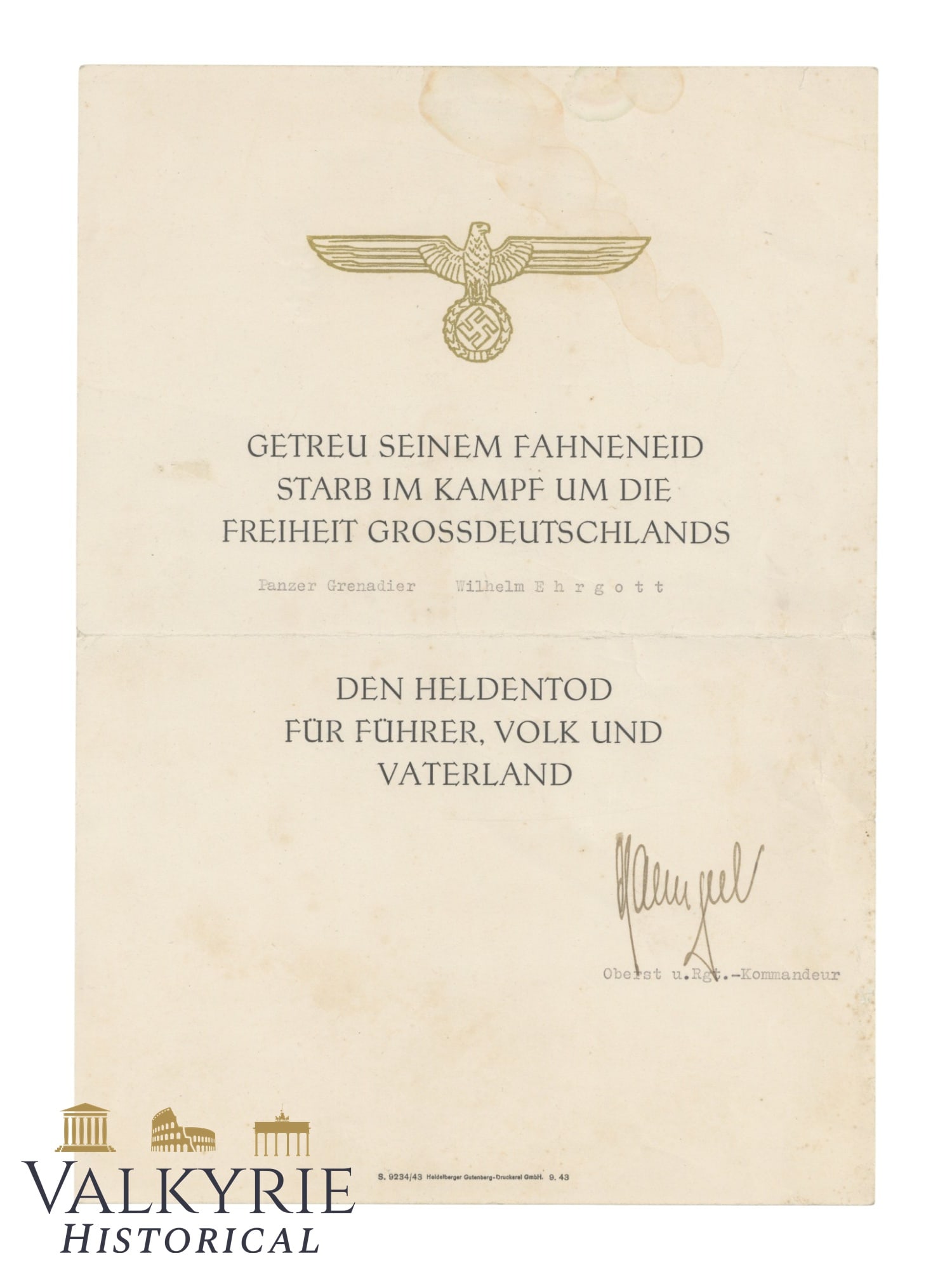 German Death Certificate Issued to a Panzer Grenadier of the Wehrmacht Who Fallen in the WW2 (1 of 2)