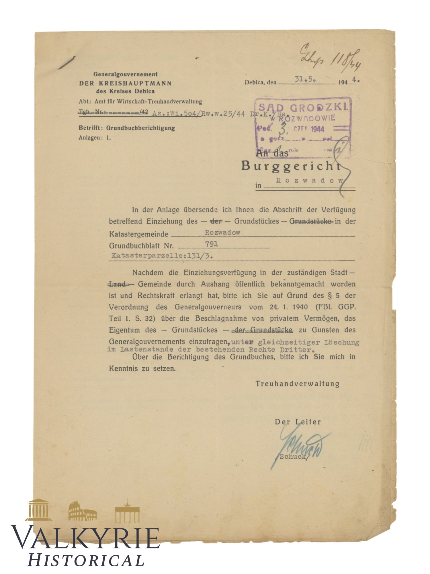 Document Sent by Debica District Authorities to a Pole Telling Him His Lands Are Being Confiscated (1 of 3)