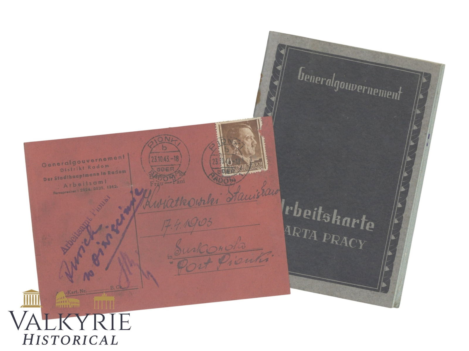 Document Set to a Polish Slave Laborer of the Generalgouvernement - Workbook and Certificate 1942 (1 of 11)