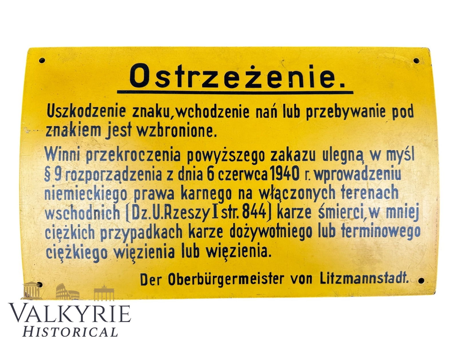 Litzmannstadt - Ultra rare German ebonite sign in Polish language to warn Polish citizens from enter: Ultra rare German ebonite sign in Polish language to warn Polish citizens from entering the Litzmannstadt ghetto perimeter. The translation of the text would be more or less as follows: . "Warning. An