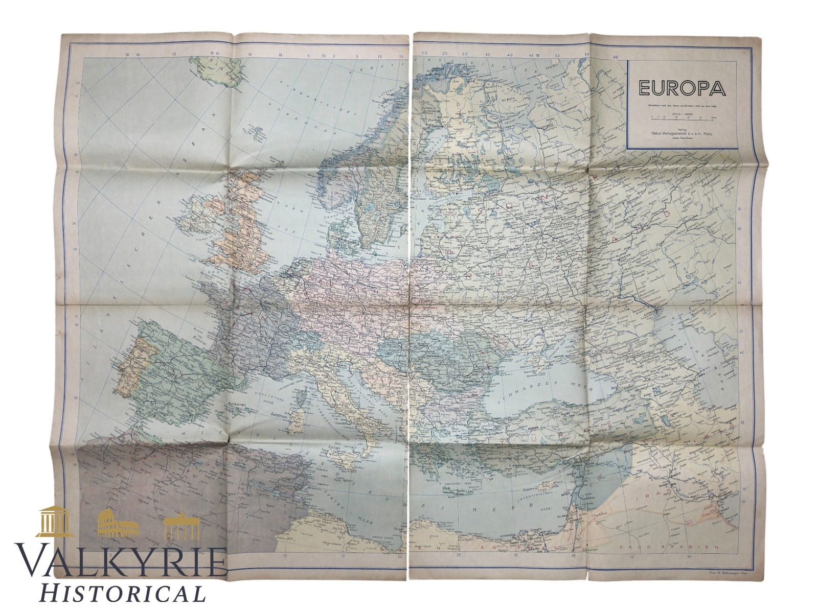 German III Reich Period Foldable Map of Europe - Metzer Karten Map Company 1943 (1 of 20)